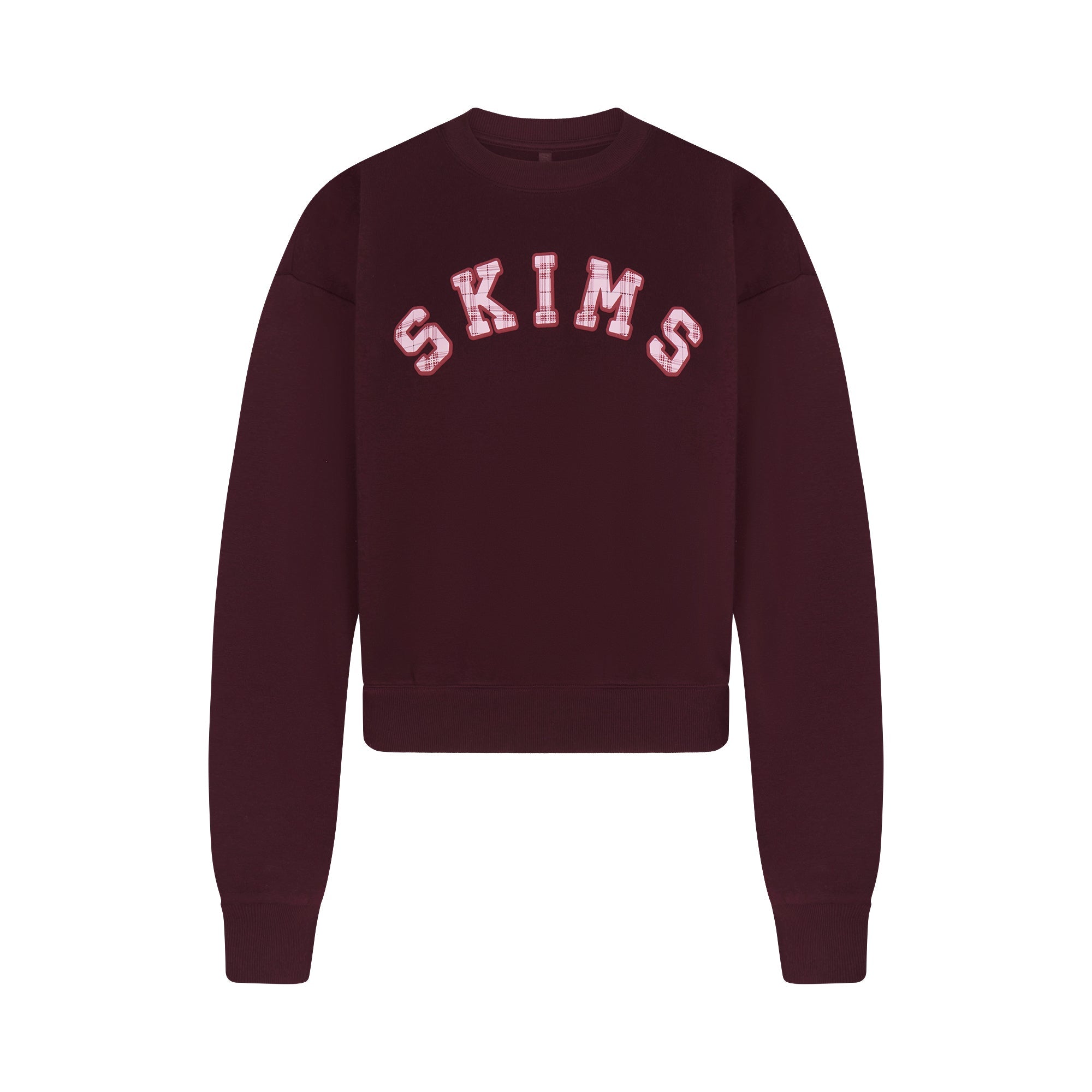 COTTON FLEECE CLASSIC CREWNECK | CURRANT ARCHED SKIMS PLAID & LAYS FLAT ON A WHITE BACKGROUND | FLT