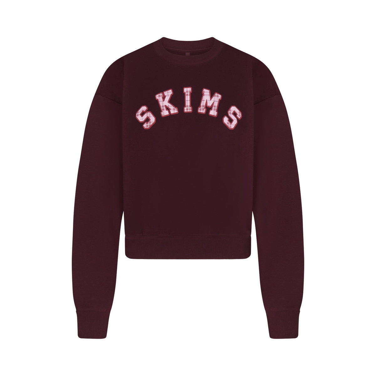 COTTON FLEECE CLASSIC CREWNECK | CURRANT ARCHED SKIMS PLAID & LAYS FLAT ON A WHITE BACKGROUND | FLT