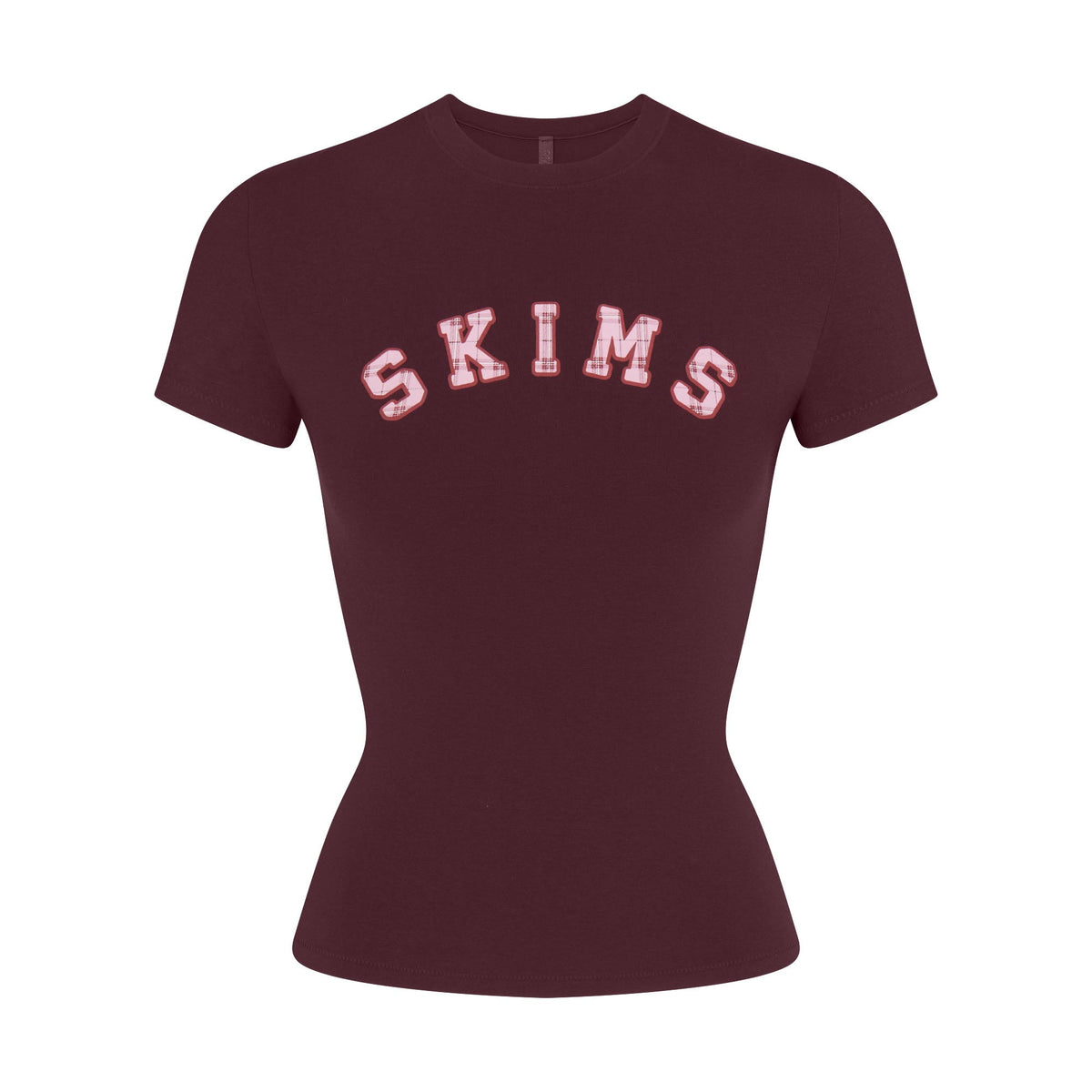 COTTON JERSEY LOGO T-SHIRT | CURRANT ARCHED SKIMS PLAID & LAYS FLAT ON A WHITE BACKGROUND | FLT
