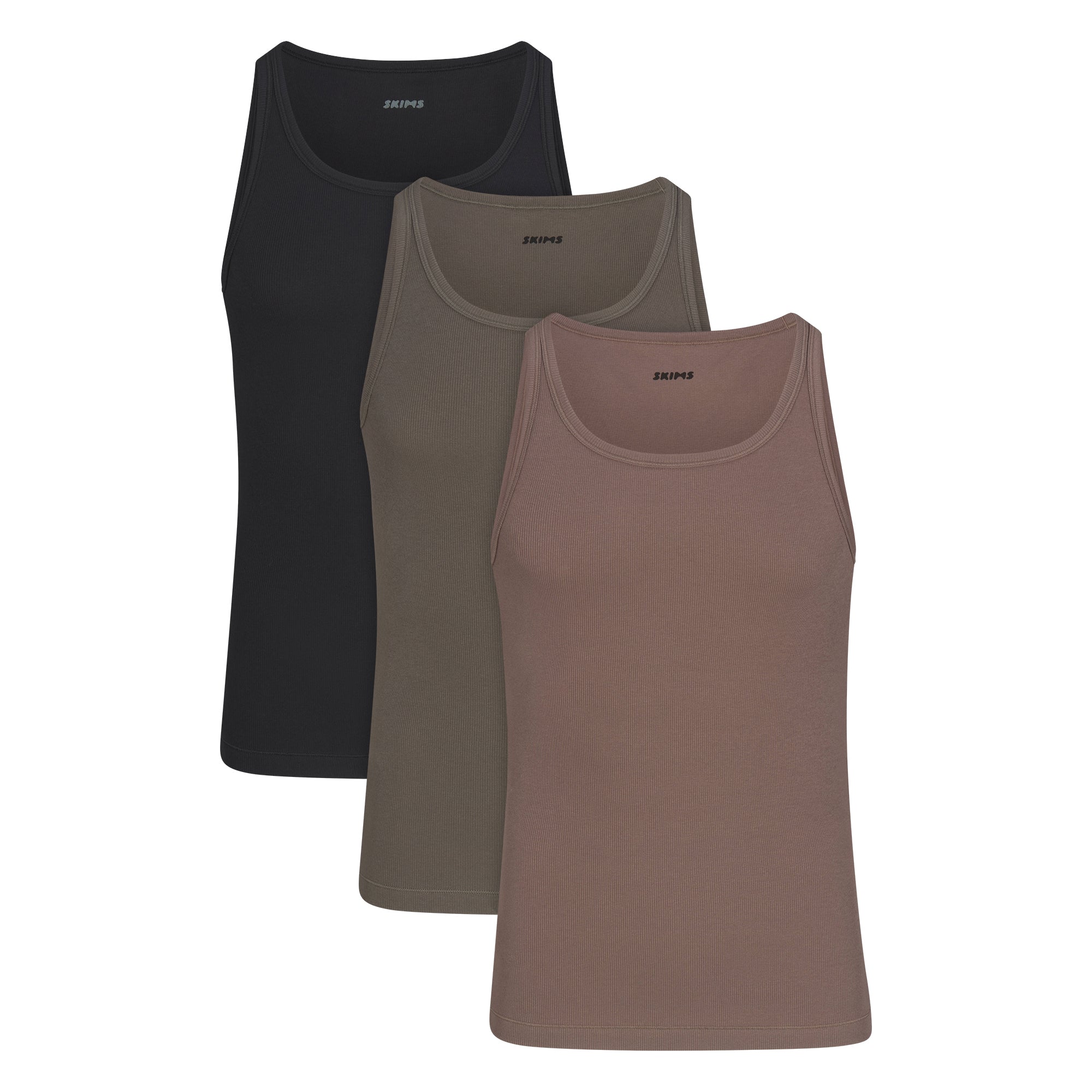SKIMS COTTON MENS RIB TANK 3-PACK | ONYX FLAT ON A WHITE BACKGROUND | FLT @ | FOCUS: 0.0, 1.0, 0.9