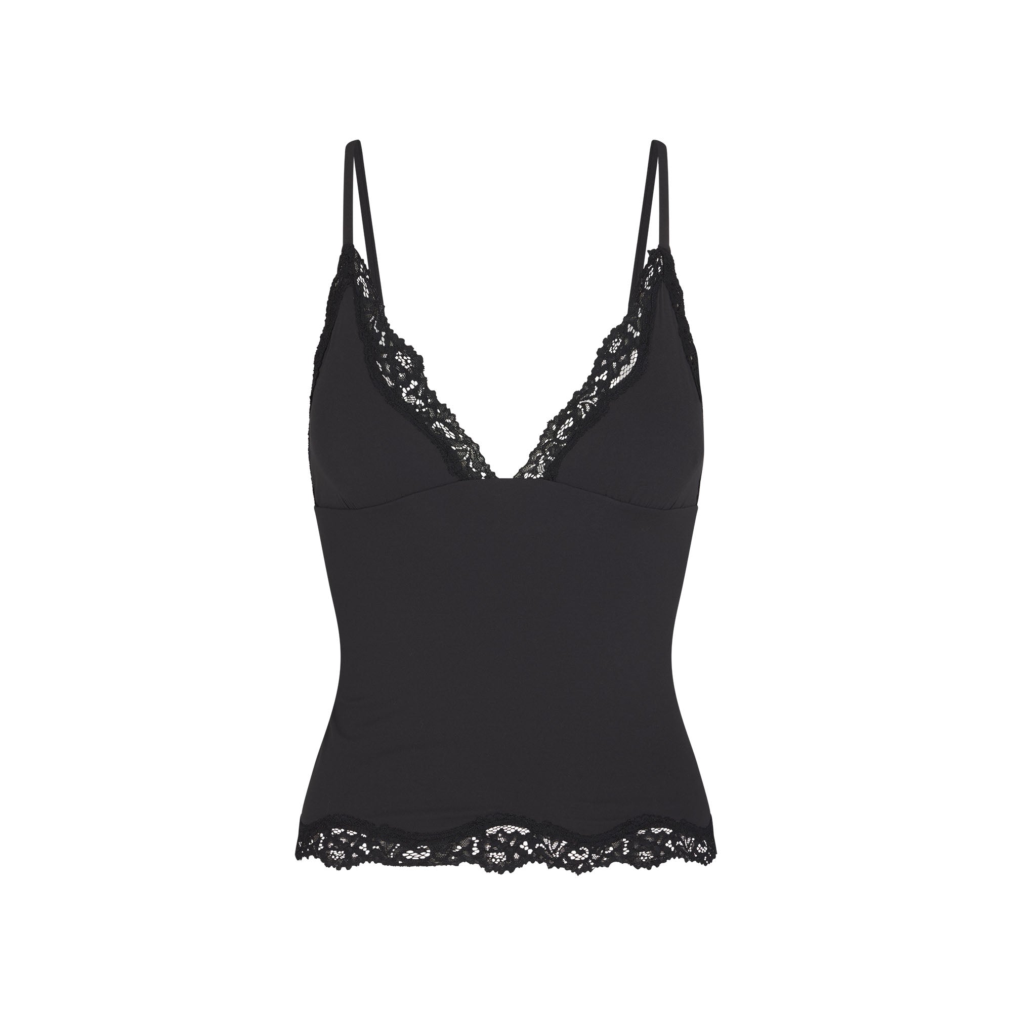 FITS EVERYBODY LACE TRIANGLE CAMI | ONYX (CAMIS, TOPS) FLAT ON A WHITE BACKGROUND | FLT