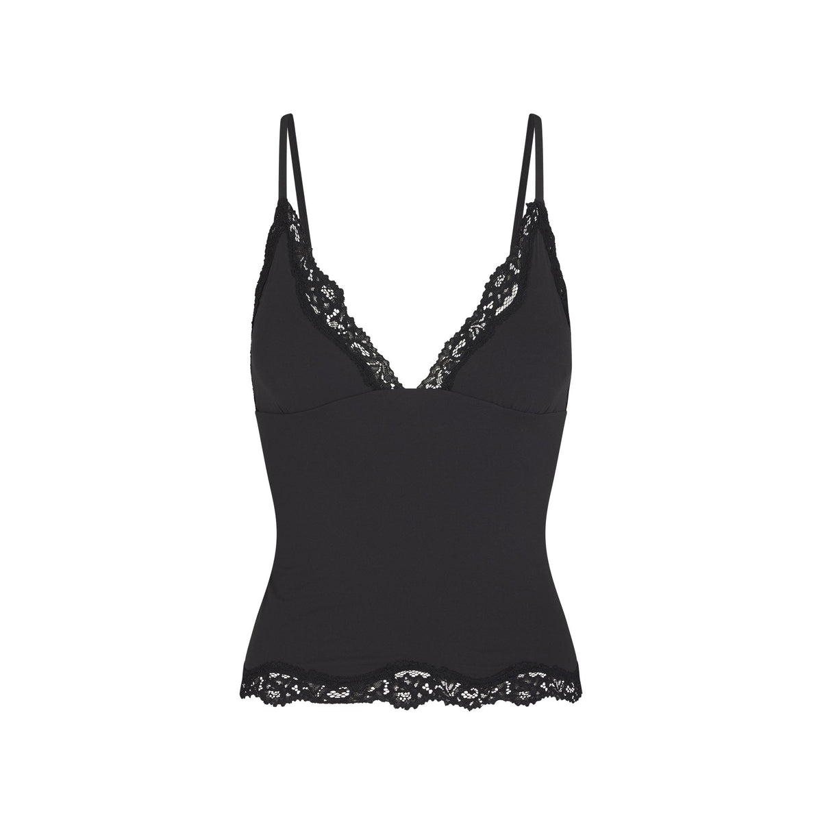 FITS EVERYBODY LACE TRIANGLE CAMI | ONYX (CAMIS, TOPS) FLAT ON A WHITE BACKGROUND | FLT
