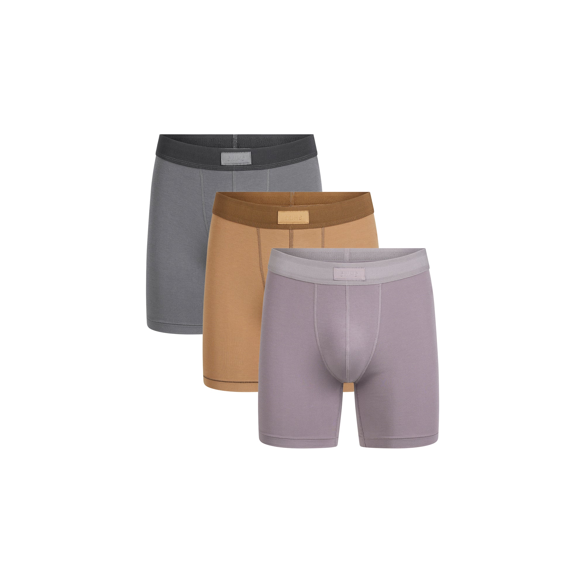 SKIMS COTTON MENS 5" BOXER BRIEF 3-PACK | RUSSET MULTI FLAT ON A WHITE BACKGROUND | FLT | FOCUS: 0.0, 1.0, 0.9