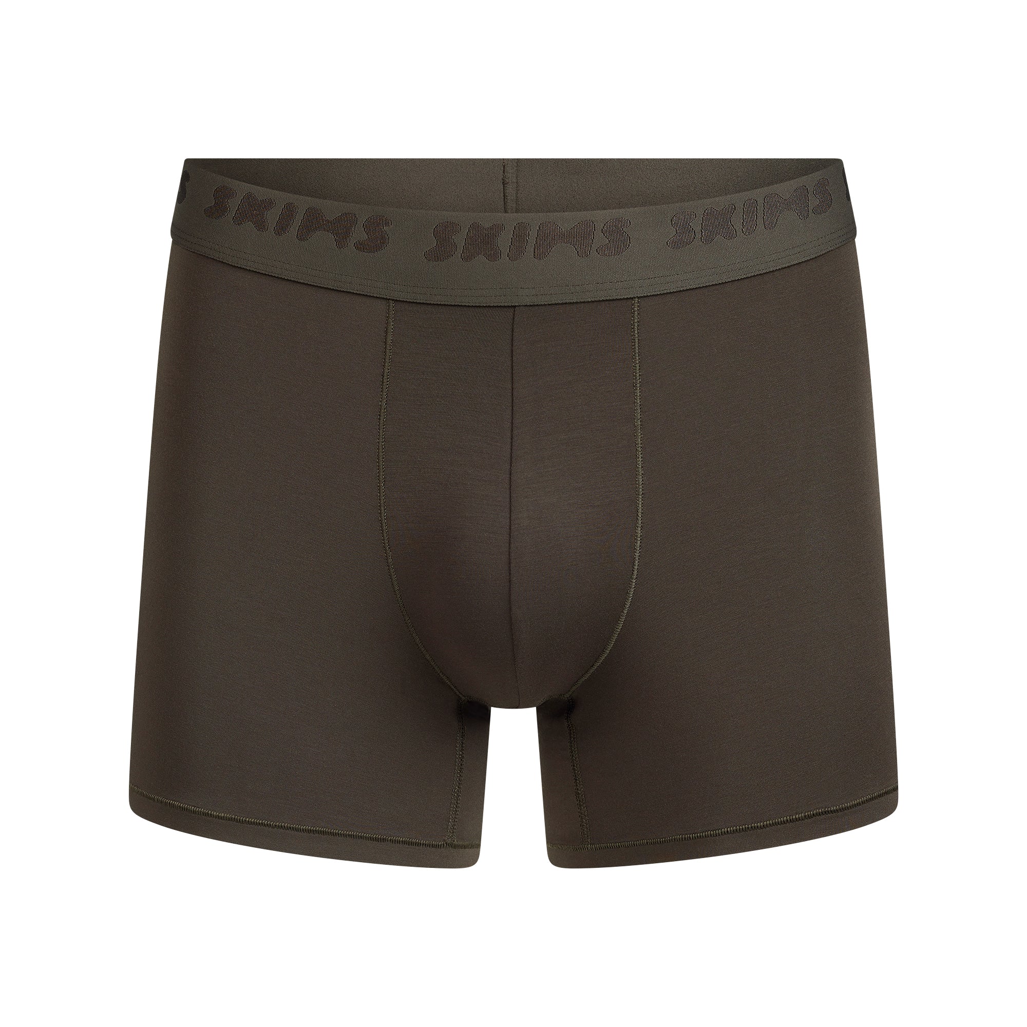 SKIMS STRETCH MENS 3" BOXER BRIEF | LODEN FLAT ON A WHITE BACKGROUND | FLT