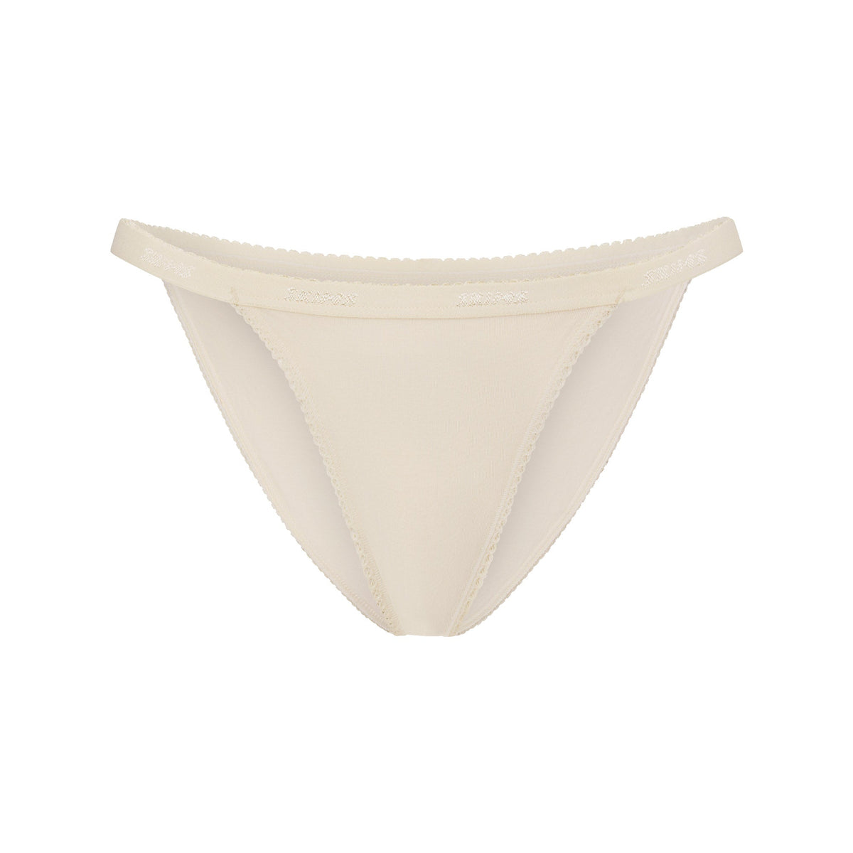 LIGHTWEIGHT COTTON LOGO PICOT STRING BIKINI | BUTTER TONAL FLAT ON A WHITE BACKGROUND | FLT