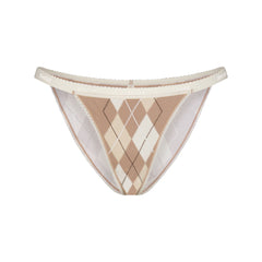 LIGHTWEIGHT COTTON LOGO PICOT STRING BIKINI | CAFE ARGYLE PRINT & LAYS FLAT ON A WHITE BACKGROUND | FLT