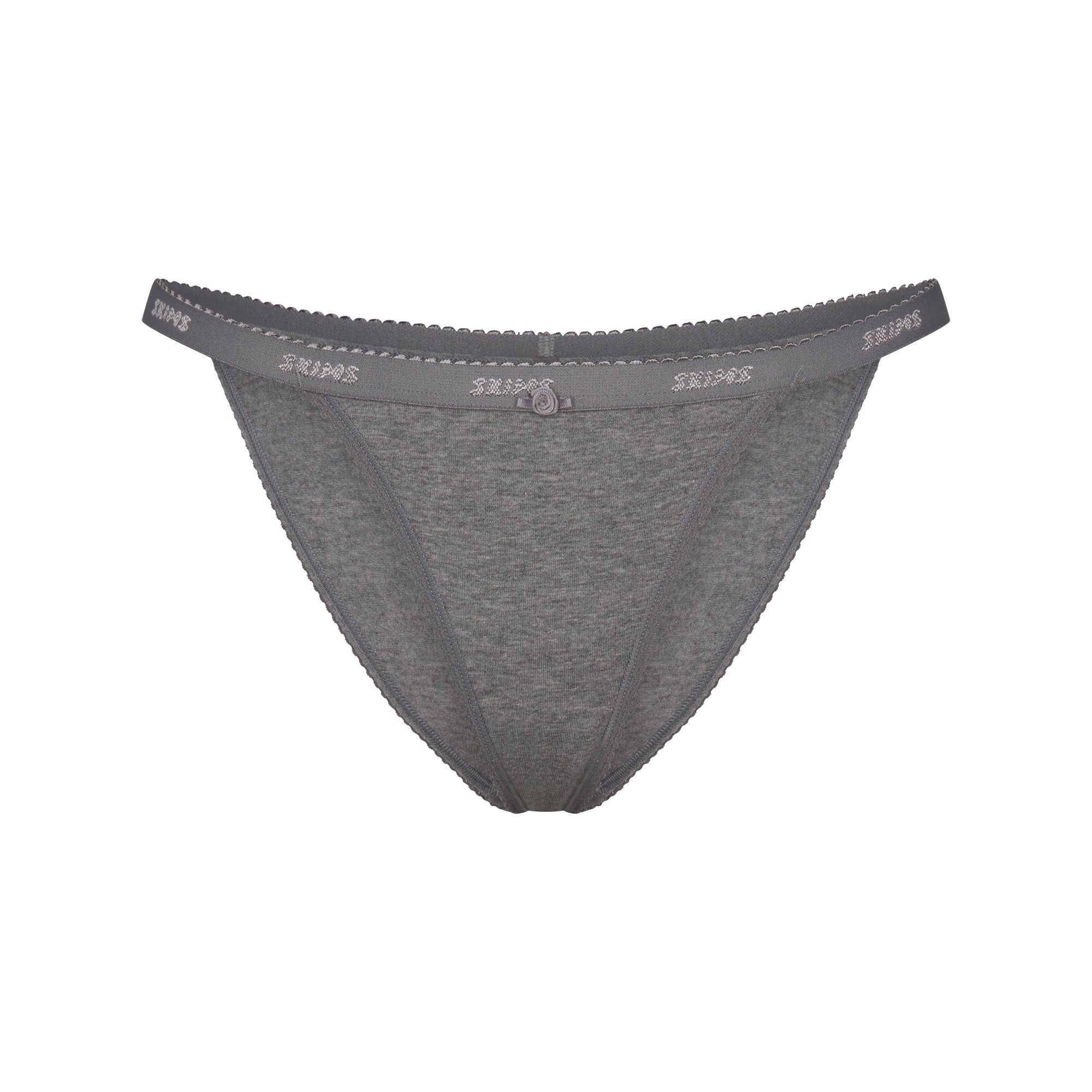 LIGHTWEIGHT COTTON LOGO PICOT STRING BIKINI | DARK HEATHER GREY FLAT ON A WHITE BACKGROUND | FLT
