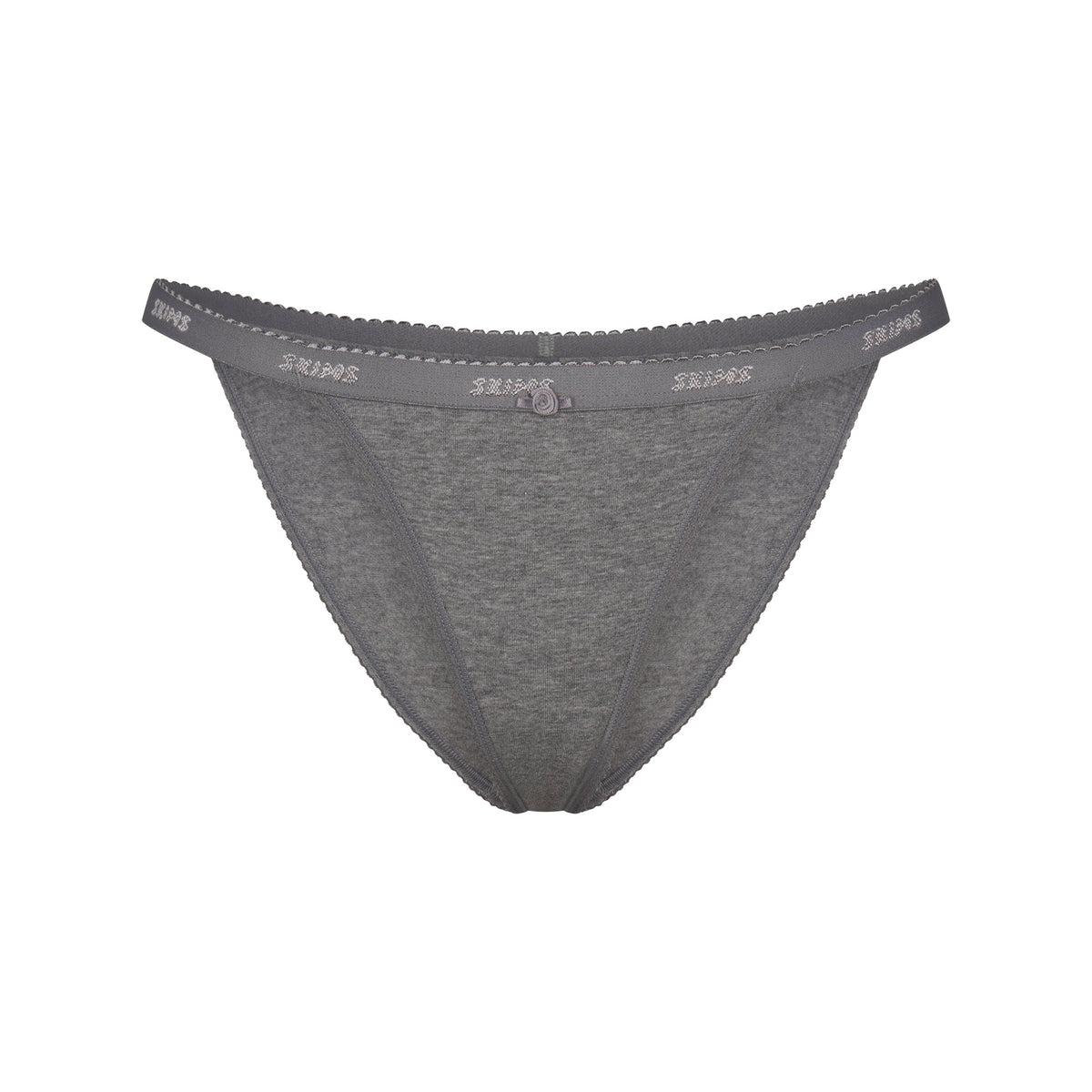 LIGHTWEIGHT COTTON LOGO PICOT STRING BIKINI | DARK HEATHER GREY FLAT ON A WHITE BACKGROUND | FLT