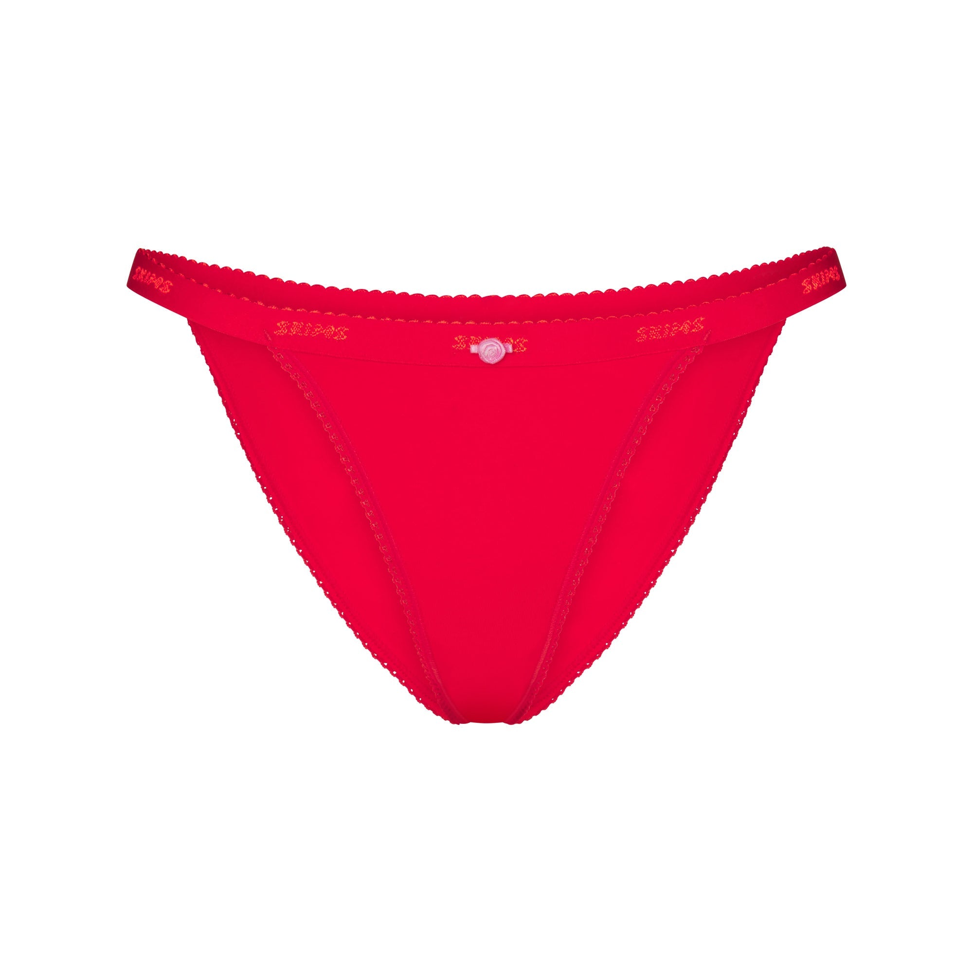 LIGHTWEIGHT COTTON LOGO PICOT STRING BIKINI | RUBY TONAL FLAT ON A WHITE BACKGROUND | FLT