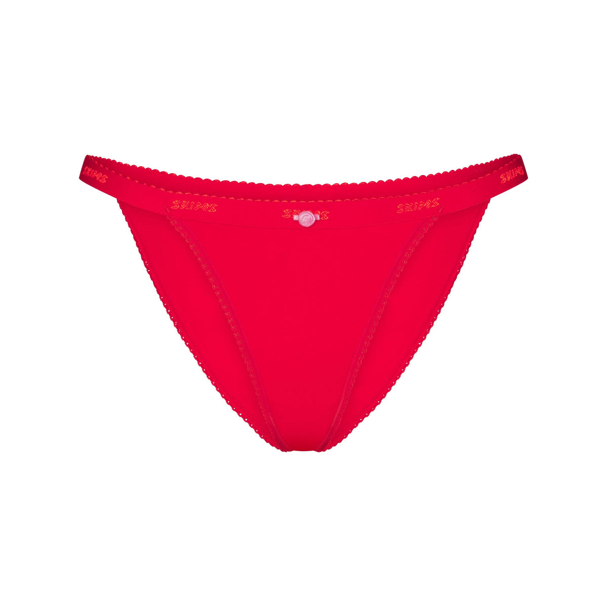 LIGHTWEIGHT COTTON LOGO PICOT STRING BIKINI | RUBY TONAL FLAT ON A WHITE BACKGROUND | FLT