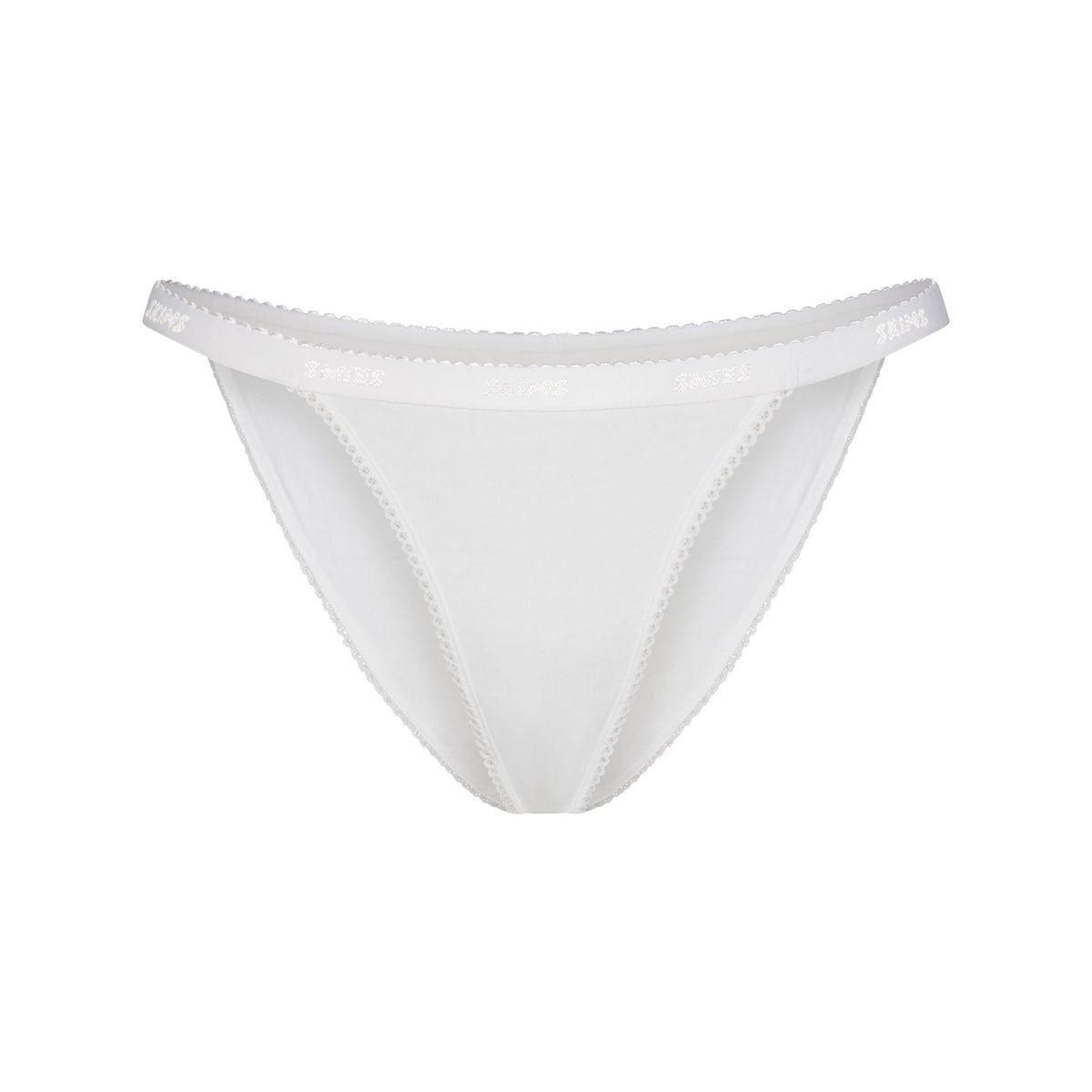 LIGHTWEIGHT COTTON LOGO PICOT STRING BIKINI | SNOW FLAT ON A WHITE BACKGROUND | FLT