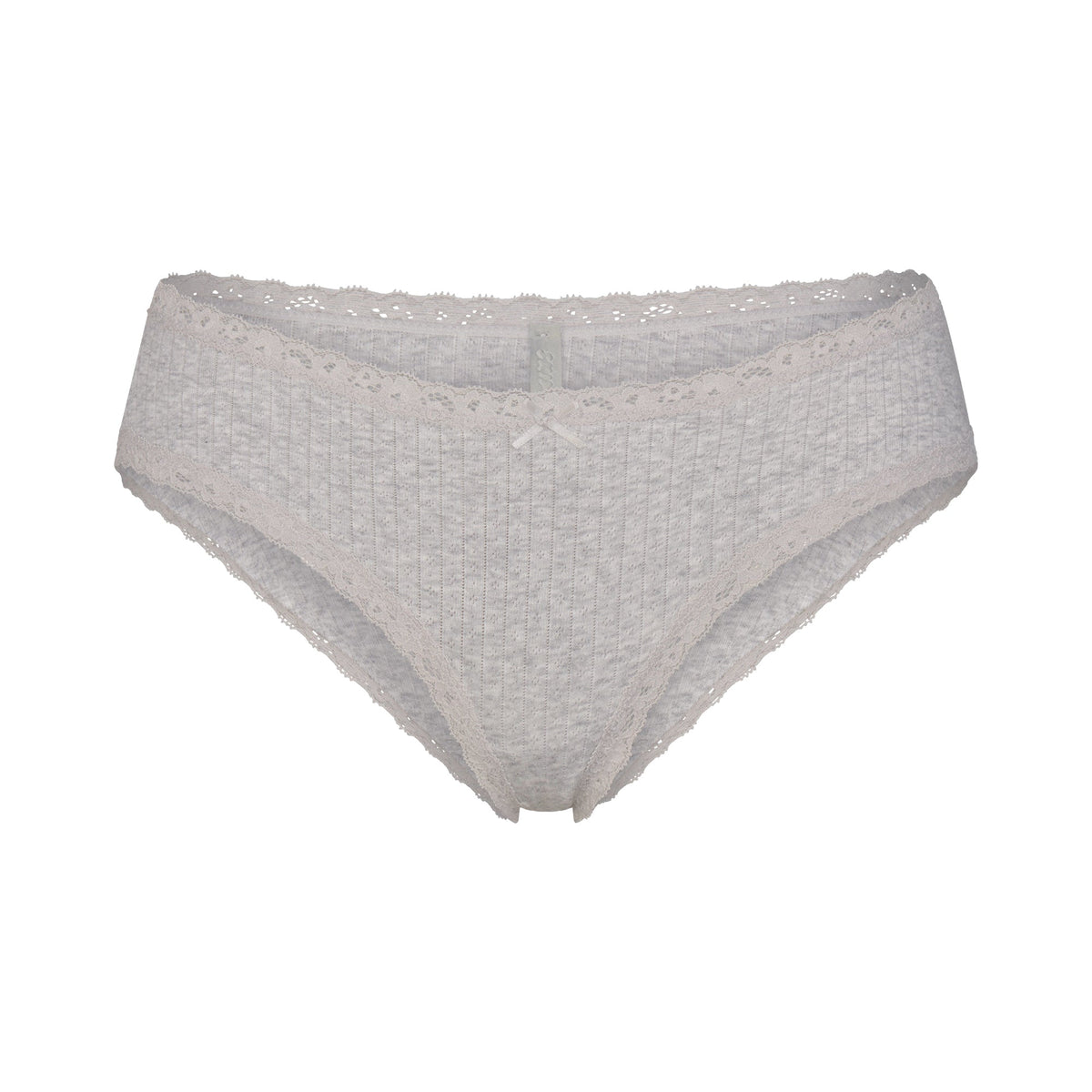 LIGHTWEIGHT COTTON POINTELLE LACE BRIEF | LIGHT HEATHER GREY LAYS FLAT ON A WHITE BACKGROUND | FLT