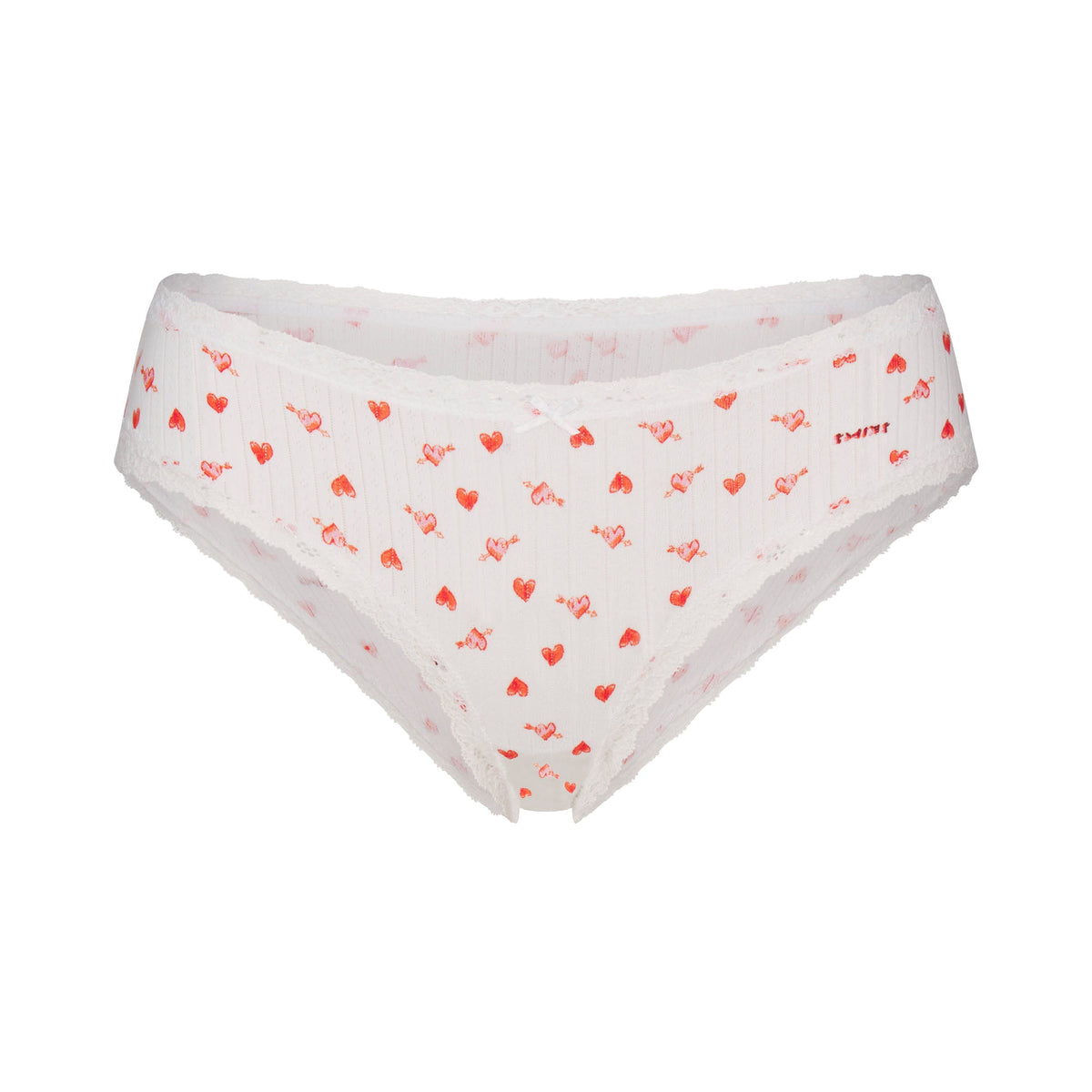 LIGHTWEIGHT COTTON POINTELLE LACE BRIEF | SNOW ARROWED HEARTS FLAT ON A WHITE BACKGROUND | FLT