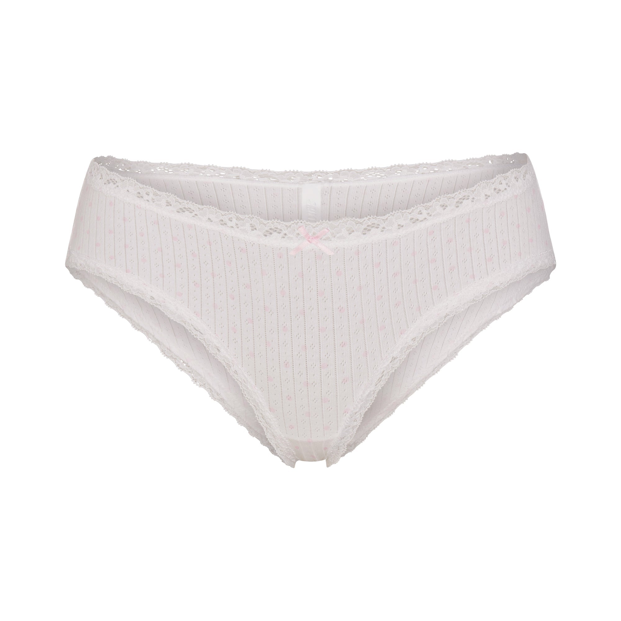 LIGHTWEIGHT COTTON POINTELLE LACE BRIEF | SNOW PEONY PIN DOT FLAT ON A WHITE BACKGROUND | FLT