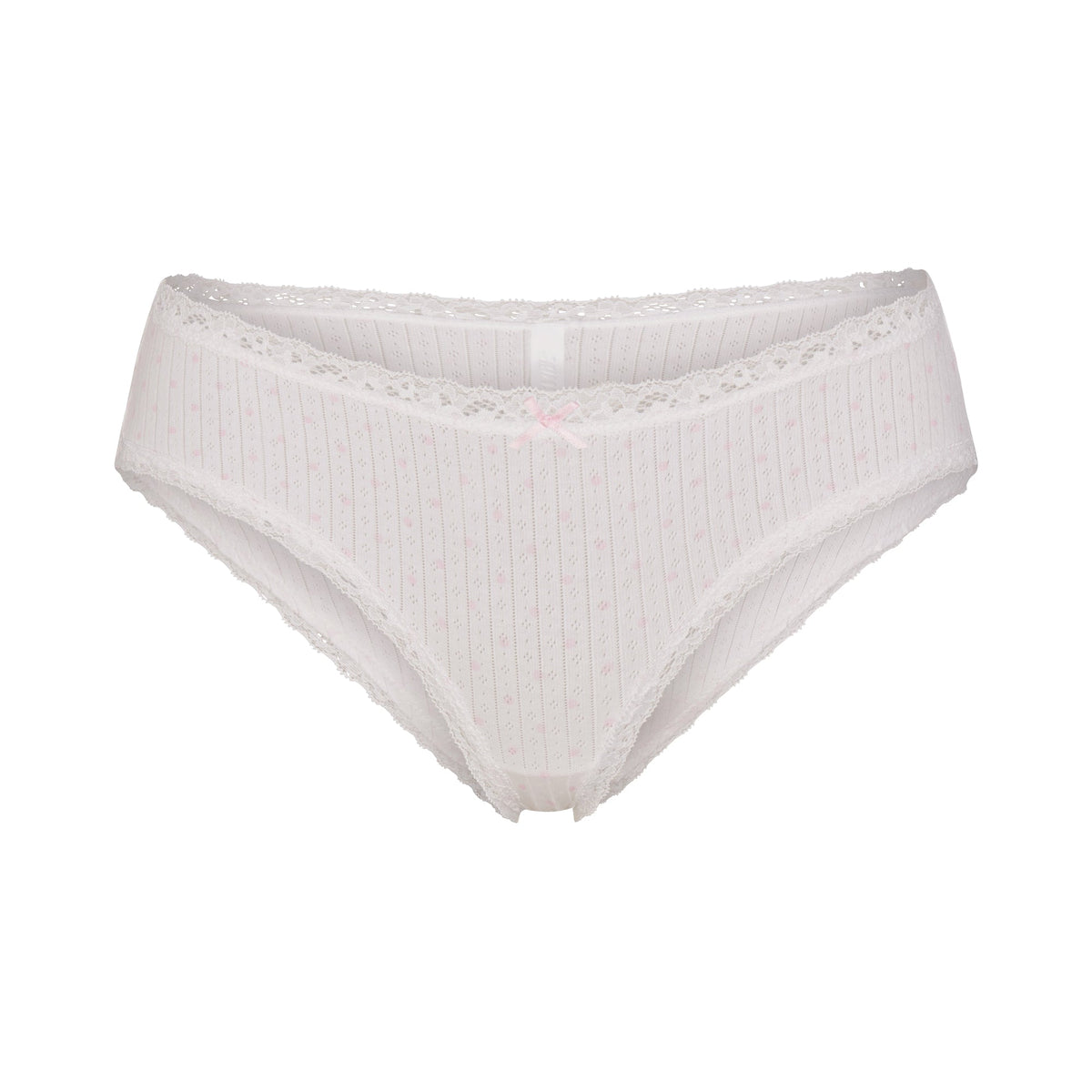 LIGHTWEIGHT COTTON POINTELLE LACE BRIEF | SNOW PEONY PIN DOT FLAT ON A WHITE BACKGROUND | FLT