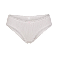LIGHTWEIGHT COTTON POINTELLE LACE BRIEF | SNOW PEONY PIN DOT FLAT ON A WHITE BACKGROUND | FLT