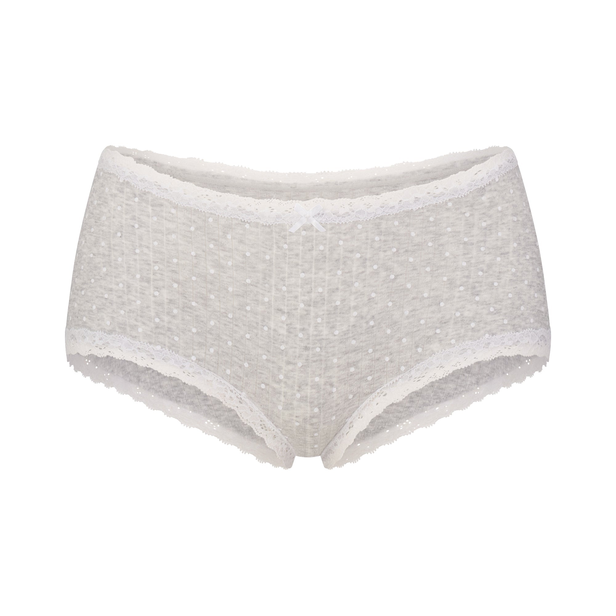 LIGHTWEIGHT COTTON POINTELLE LACE BOY SHORT | LIGHT HEATHER GREY PIN DOT FLAT ON A WHITE BACKGROUND | FLT