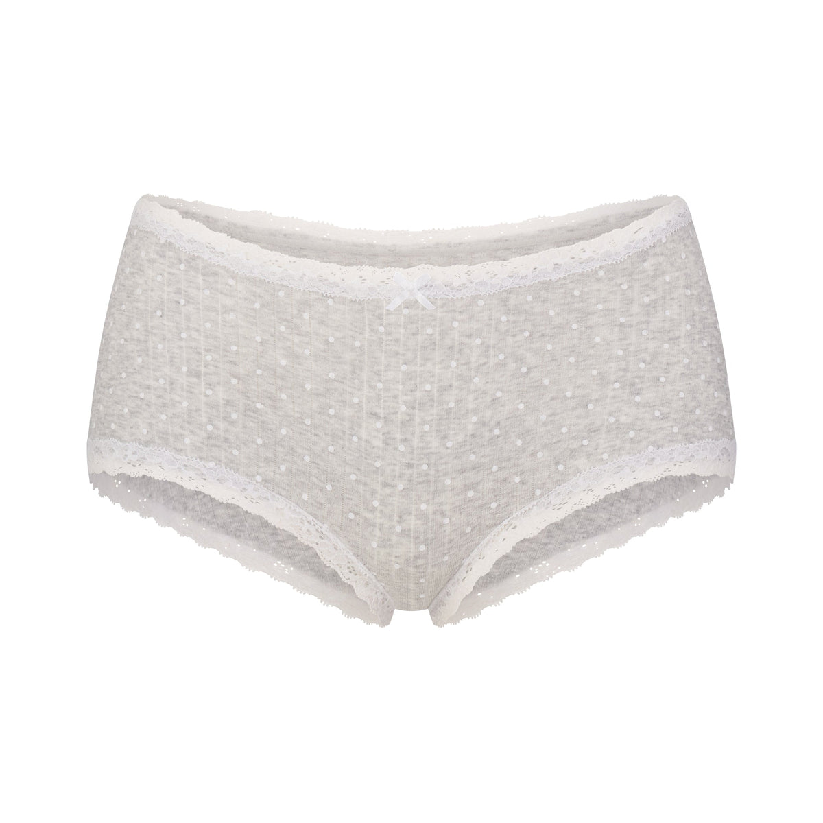 LIGHTWEIGHT COTTON POINTELLE LACE BOY SHORT | LIGHT HEATHER GREY PIN DOT FLAT ON A WHITE BACKGROUND | FLT