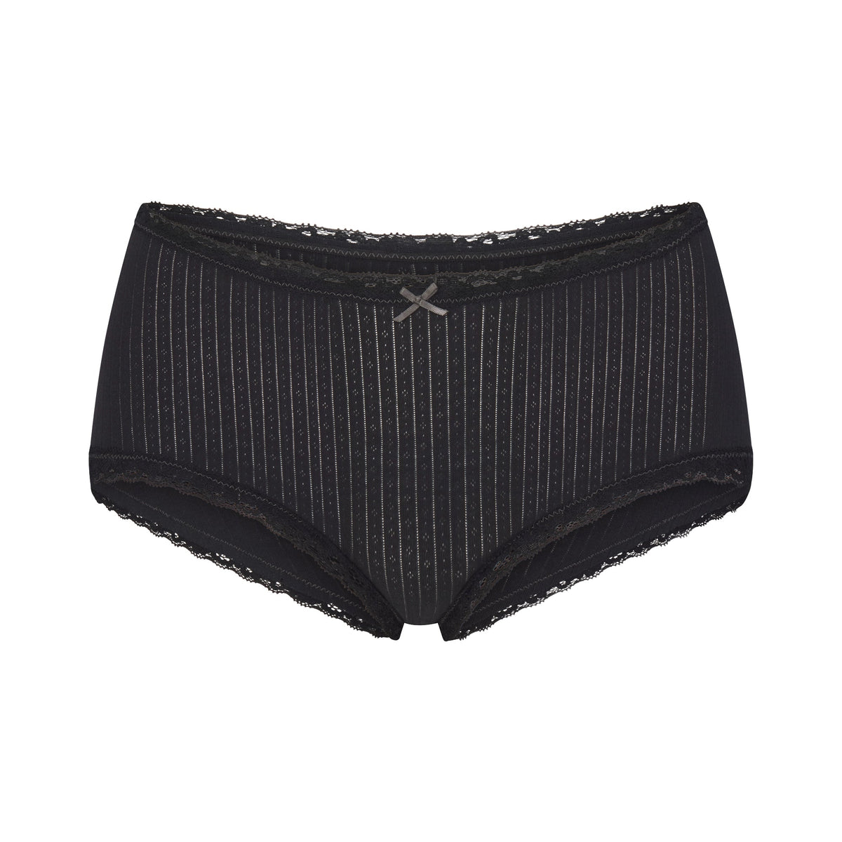 LIGHTWEIGHT COTTON POINTELLE LACE BOY SHORT | SOOT TONAL FLAT ON A WHITE BACKGROUND | FLT