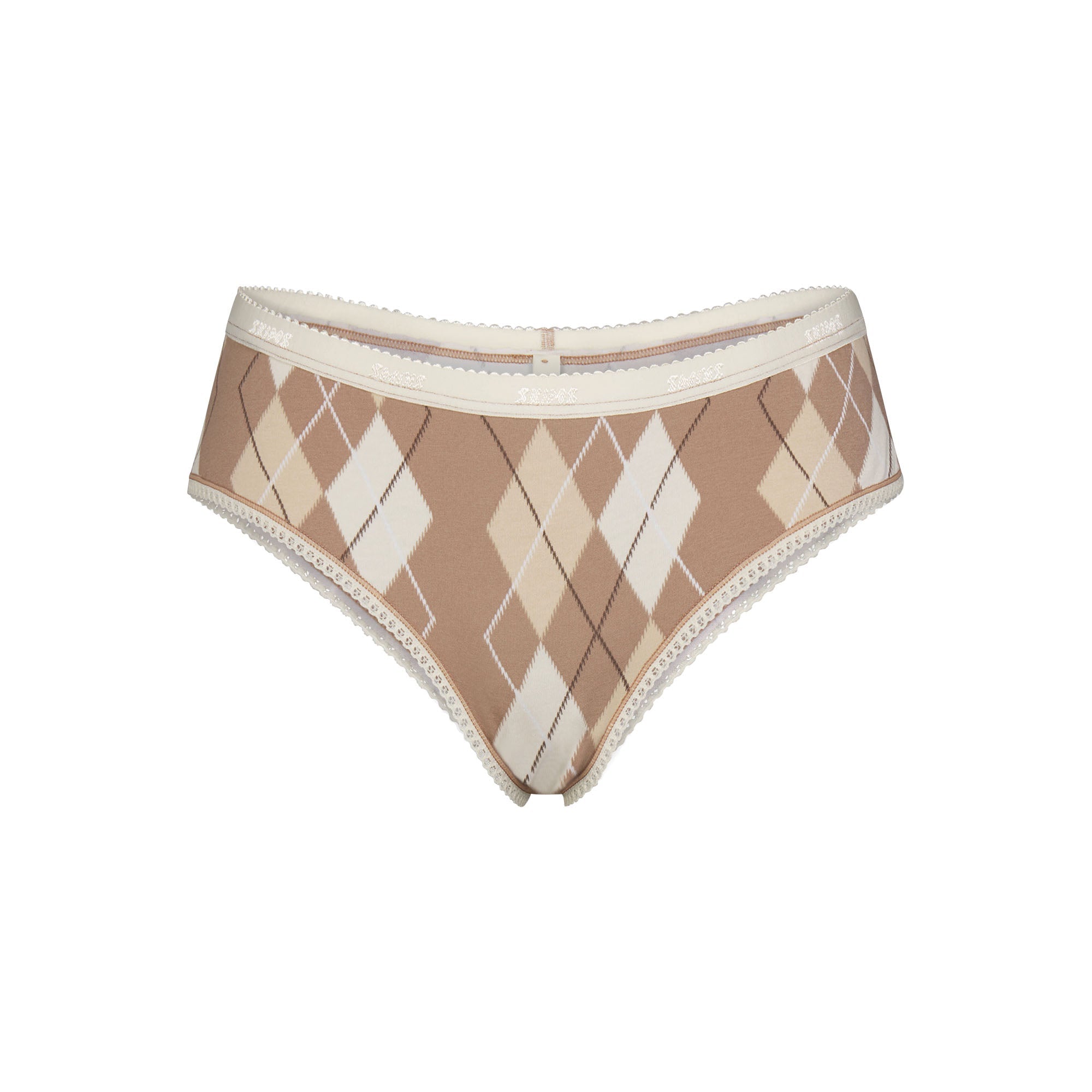 LIGHTWEIGHT COTTON LOGO PICOT HIPSTER | CAFE ARGYLE PRINT & LAYS FLAT ON A WHITE BACKGROUND | FLT