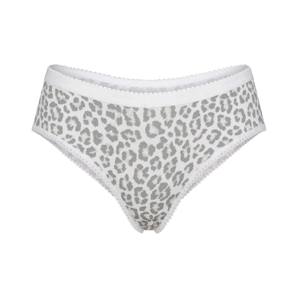 LIGHTWEIGHT COTTON LOGO PICOT HIPSTER | SNOW LEOPARD PRINT FLAT ON A WHITE BACKGROUND | FLT