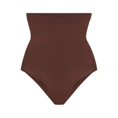SEAMLESS SCULPT HIGH-WAISTED BRIEF | COCOA (SHAPEWEAR BRIEFS, SHAPEWEAR) LAYS FLAT ON A WHITE BACKGROUND | FLT