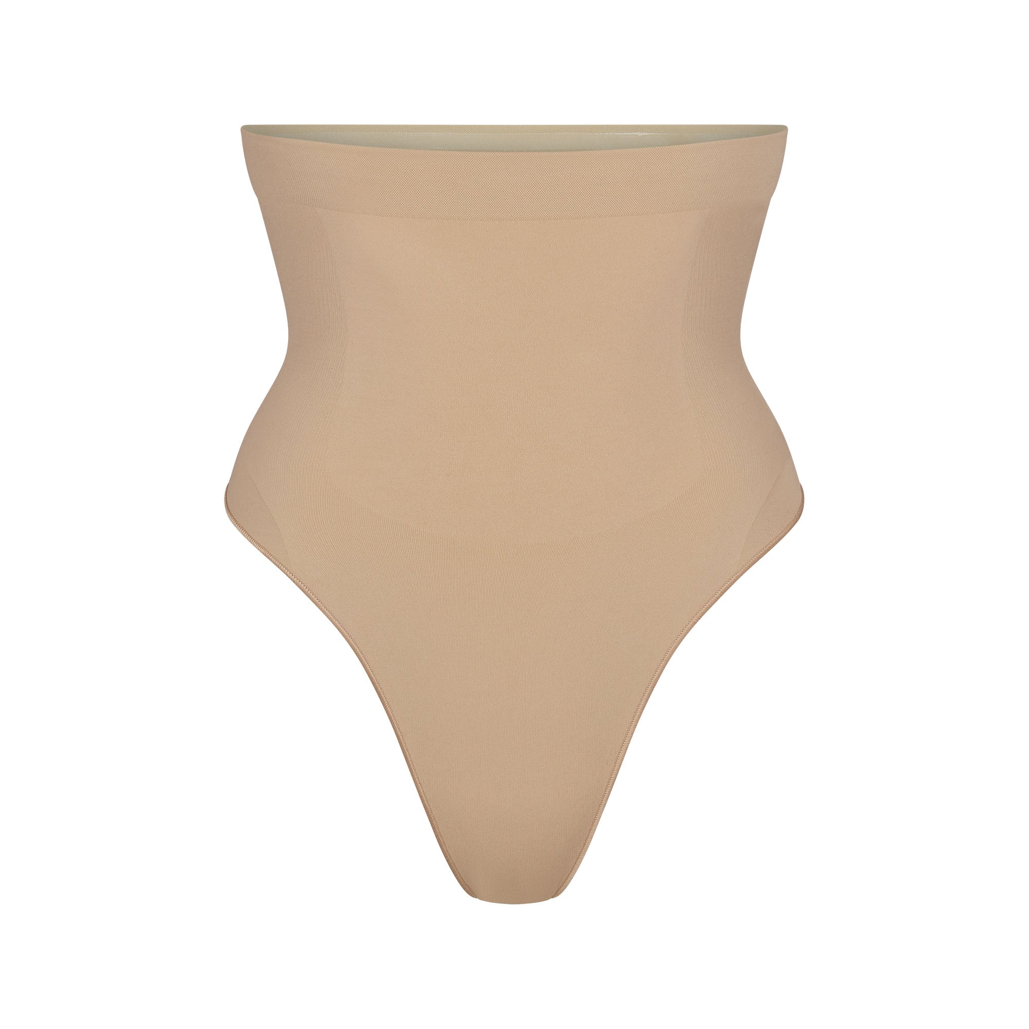 SEAMLESS SCULPT HIGH-WAISTED THONG | CLAY (SHAPEWEAR THONGS, PANTIES) LAYS FLAT ON A WHITE BACKGROUND | FLT