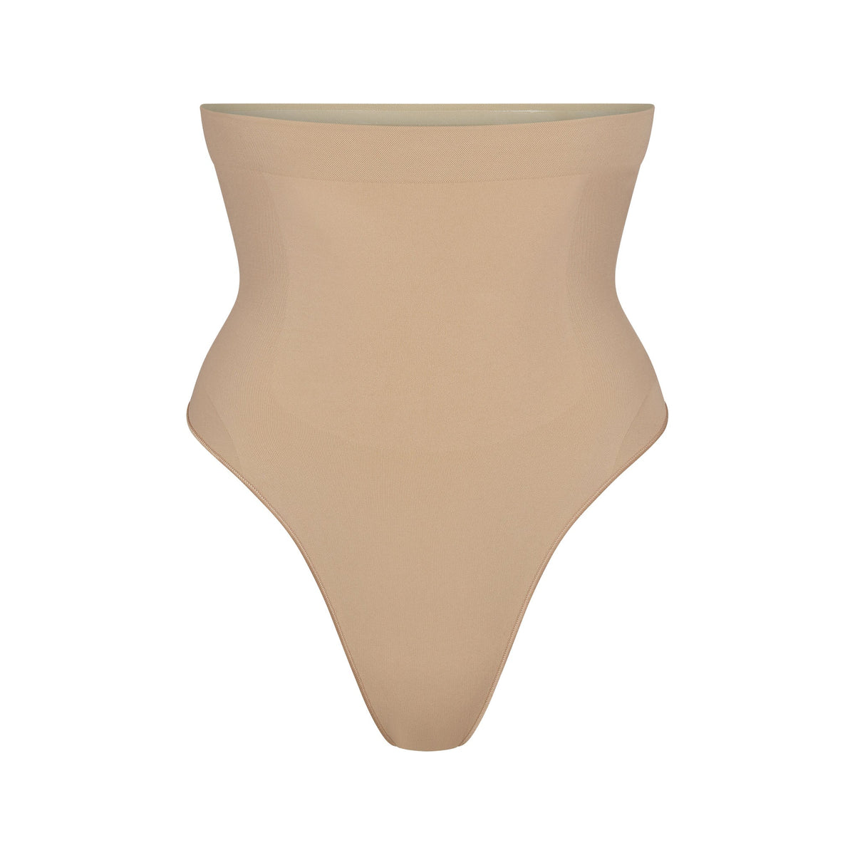 SEAMLESS SCULPT HIGH-WAISTED THONG | CLAY (SHAPEWEAR THONGS, PANTIES) LAYS FLAT ON A WHITE BACKGROUND | FLT