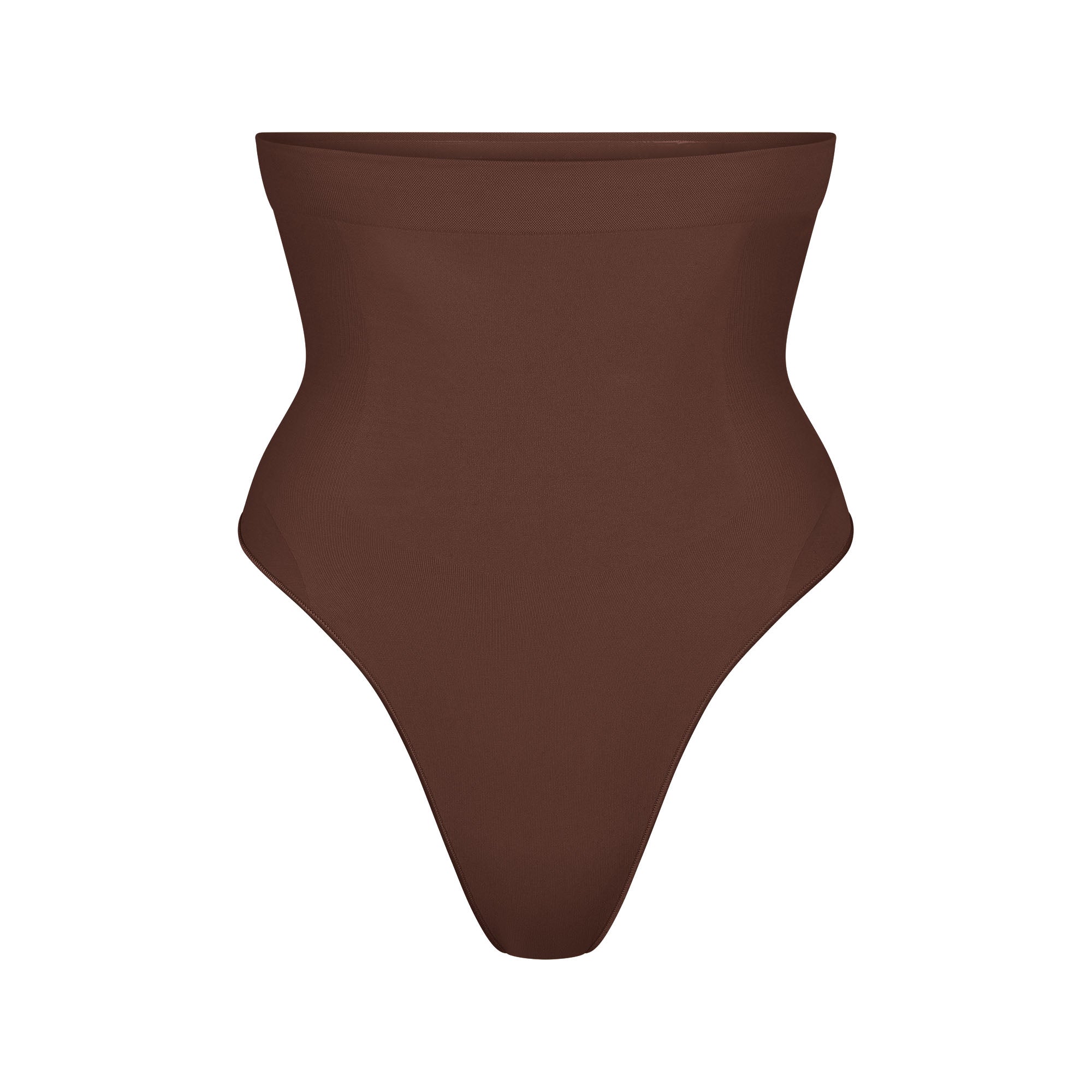 SEAMLESS SCULPT HIGH-WAISTED THONG | COCOA (SHAPEWEAR THONGS, SHAPEWEAR) LAYS FLAT ON A WHITE BACKGROUND | FLT