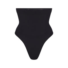 SEAMLESS SCULPT HIGH-WAISTED THONG | ONYX (SHAPEWEAR THONGS, PANTIES) LAYS FLAT ON A WHITE BACKGROUND | FLT