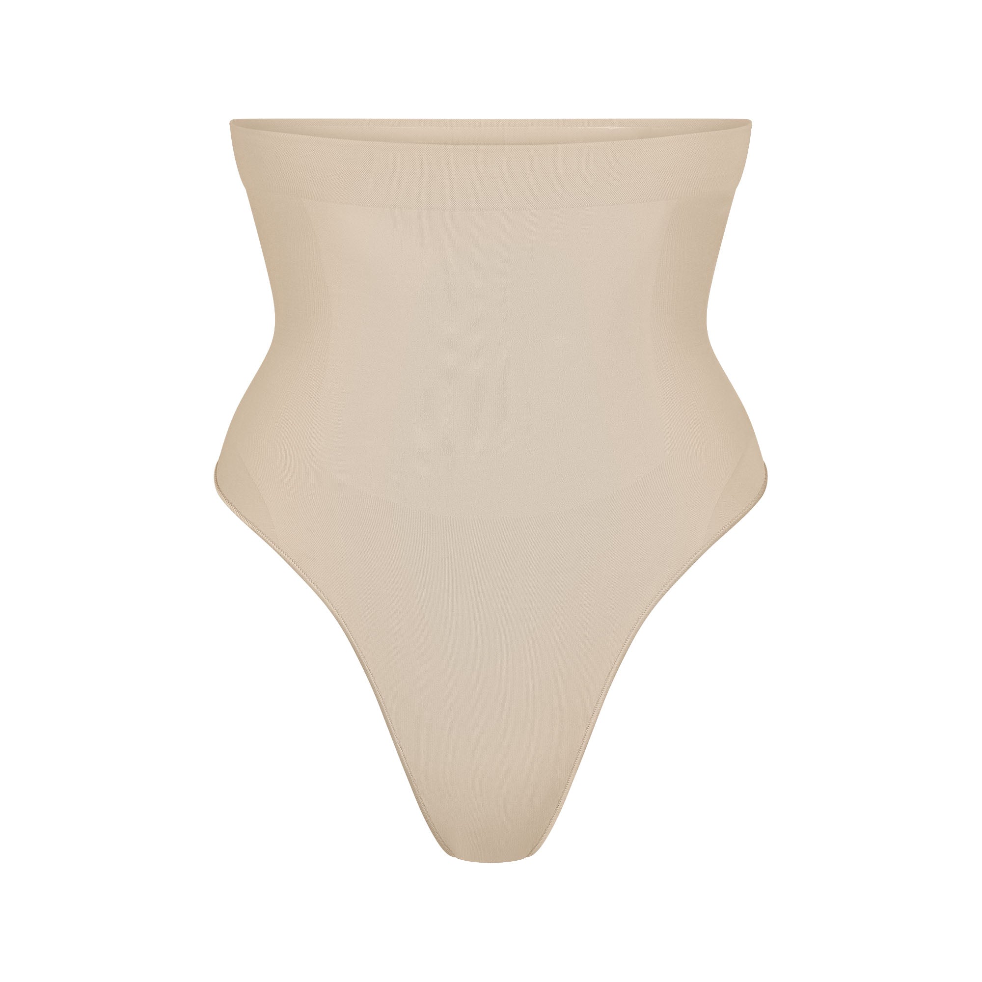 SEAMLESS SCULPT HIGH-WAISTED THONG | SAND (SHAPEWEAR THONGS, PANTIES) LAYS FLAT ON A WHITE BACKGROUND | FLT