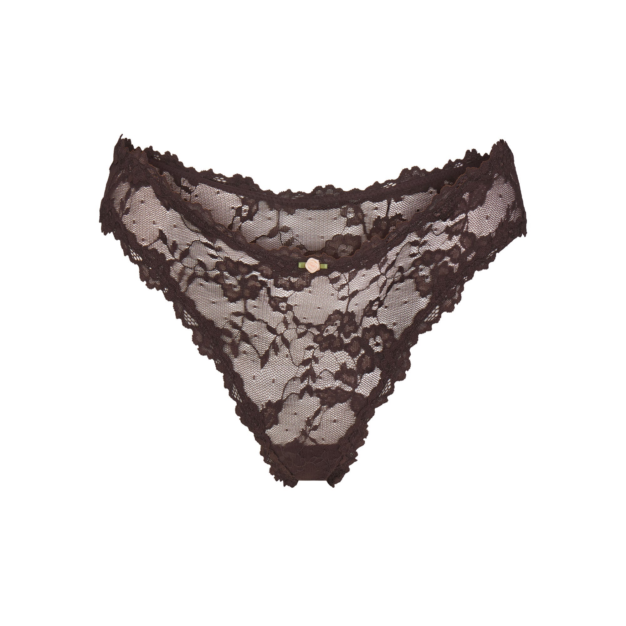 STRETCH LACE DIPPED THONG | ESPRESSO FLAT ON A WHITE BACKGROUND | FLT
