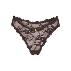 STRETCH LACE DIPPED THONG | ESPRESSO FLAT ON A WHITE BACKGROUND | FLT
