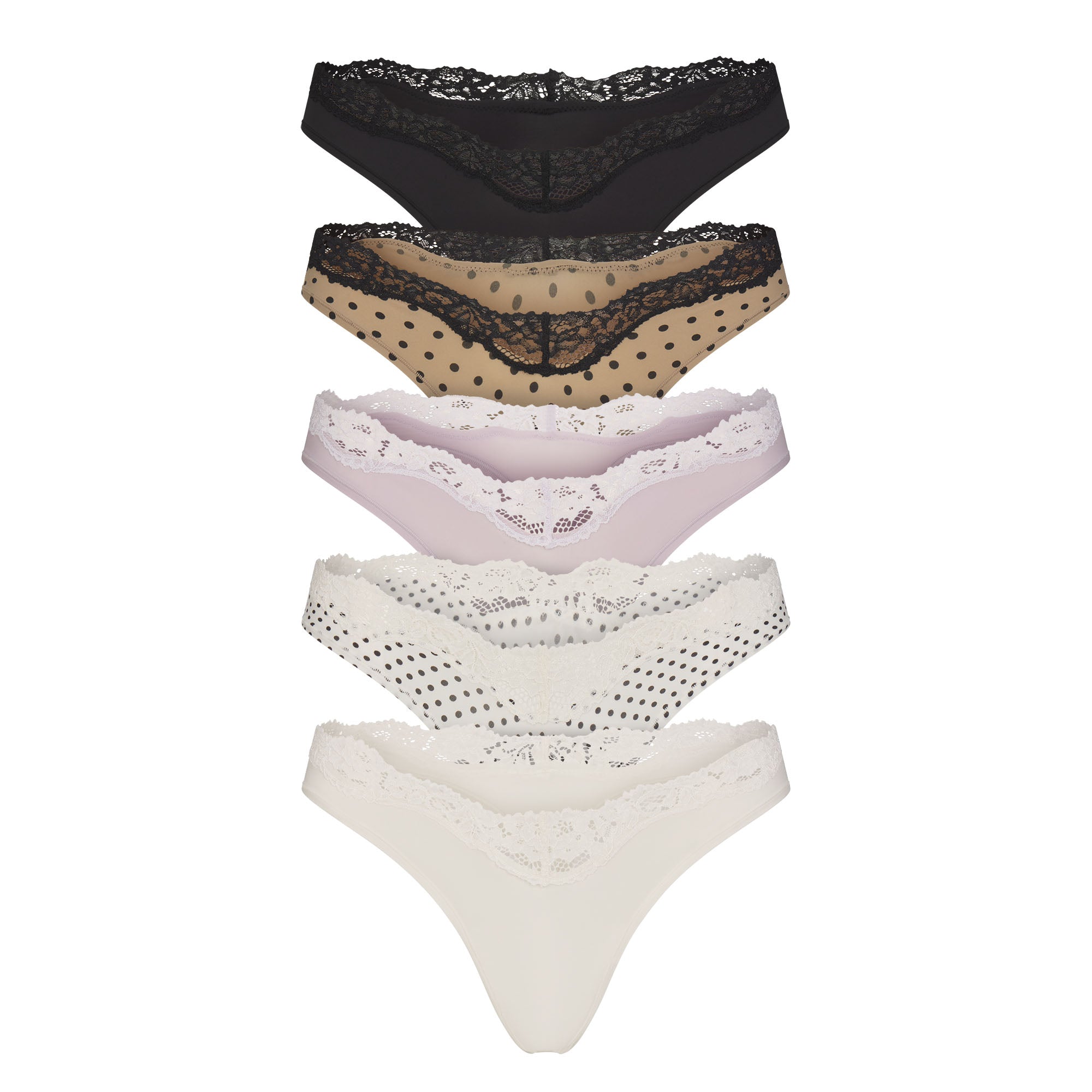 FITS EVERYBODY LACE DIPPED THONG 5-PACK | NEUTRAL DOT MULTI & LAYS FLAT ON A WHITE BACKGROUND | FLT