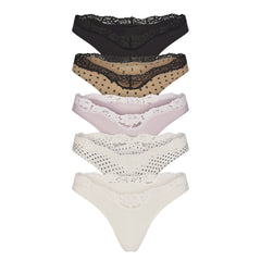 FITS EVERYBODY LACE DIPPED THONG 5-PACK | NEUTRAL DOT MULTI & LAYS FLAT ON A WHITE BACKGROUND | FLT