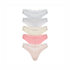 FITS EVERYBODY LACE DIPPED THONG 5-PACK | PIN DOT MULTI LAYS FLAT ON A WHITE BACKGROUND | FLT @ | FOCUS: 0.0, 1.0, 0.9
