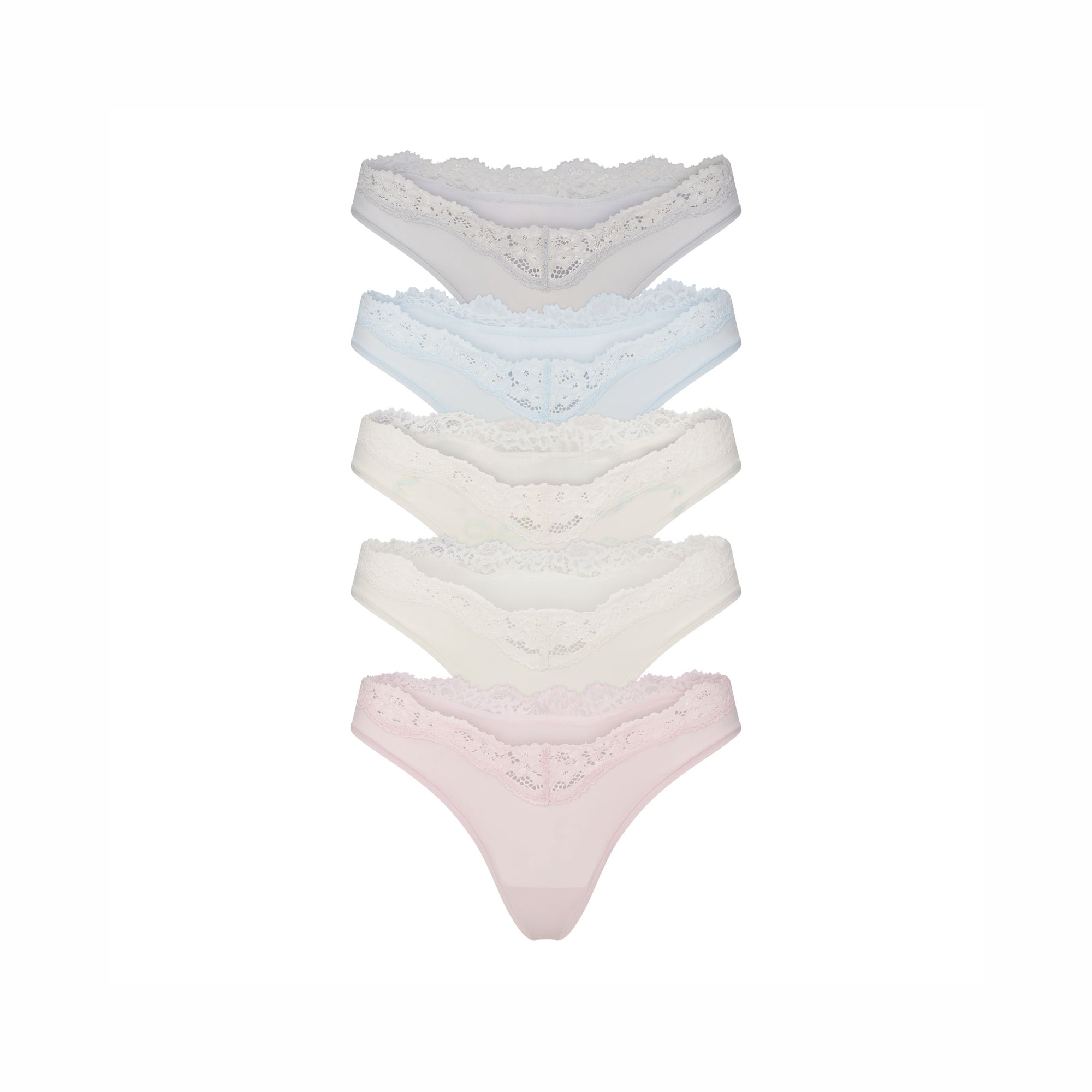 FITS EVERYBODY LACE DIPPED THONG 5-PACK | IVORY PEARL BOW MULTI LAYS FLAT ON A WHITE BACKGROUND | @ | FOCUS: 0.0, 1.0, 0.9 