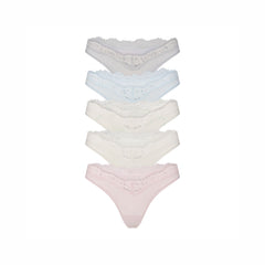 FITS EVERYBODY LACE DIPPED THONG 5-PACK | IVORY PEARL BOW MULTI LAYS FLAT ON A WHITE BACKGROUND | @ | FOCUS: 0.0, 1.0, 0.9 