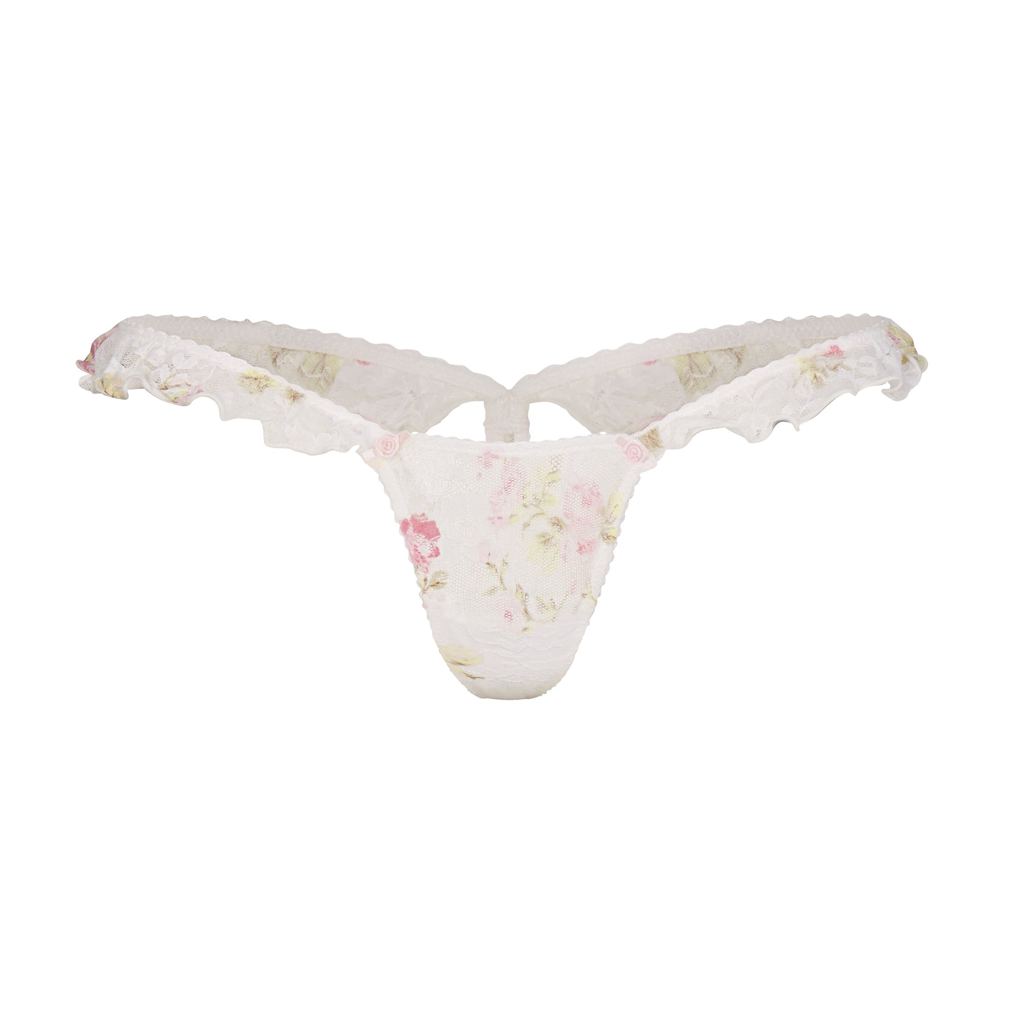 STRETCH LACE BUTTERFLY THONG | SNOW VINTAGE FLORAL PRINT FLAT ON A WHITE BACKGROUND | FLT @ | FOCUS: 0.0, 1.0, 0.9