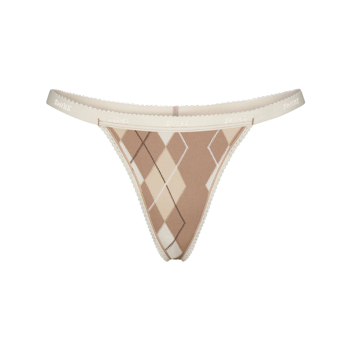 LIGHTWEIGHT COTTON LOGO PICOT THONG | CAFE ARGYLE PRINT & LAYS FLAT ON A WHITE BACKGROUND | FLT