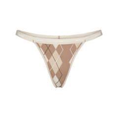 LIGHTWEIGHT COTTON LOGO PICOT THONG | CAFE ARGYLE PRINT & LAYS FLAT ON A WHITE BACKGROUND | FLT