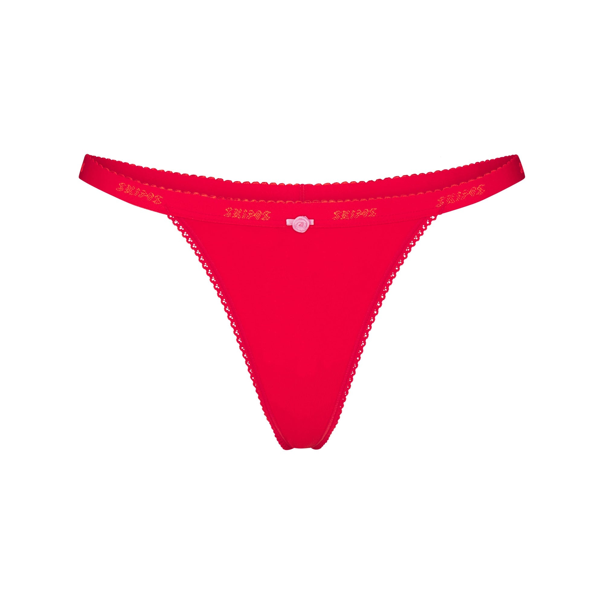 LIGHTWEIGHT COTTON LOGO PICOT THONG | RUBY TONAL FLAT ON A WHITE BACKGROUND | FLT