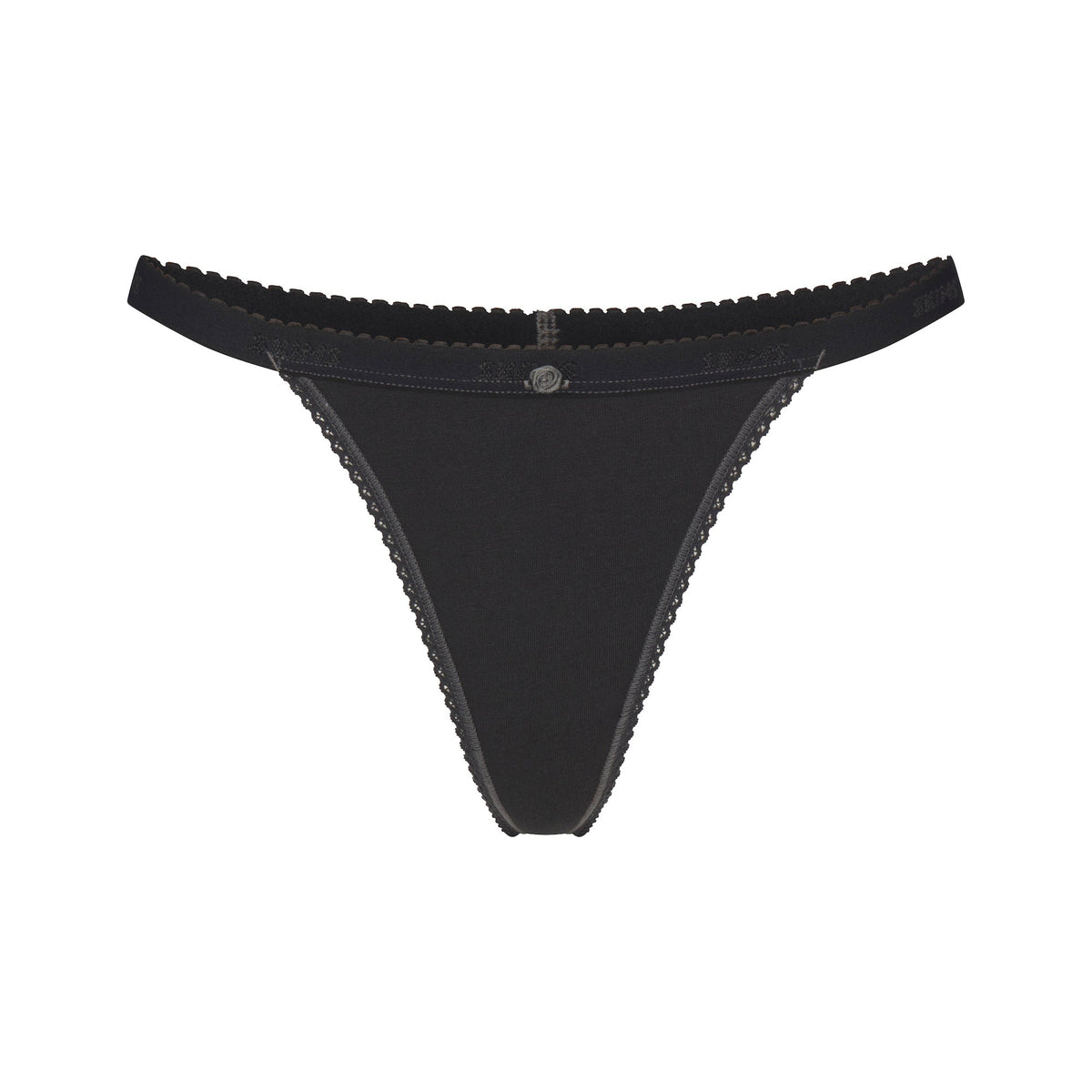 LIGHTWEIGHT COTTON PICOT LOGO THONG | SOOT FLAT ON A WHITE BACKGROUND | FLT