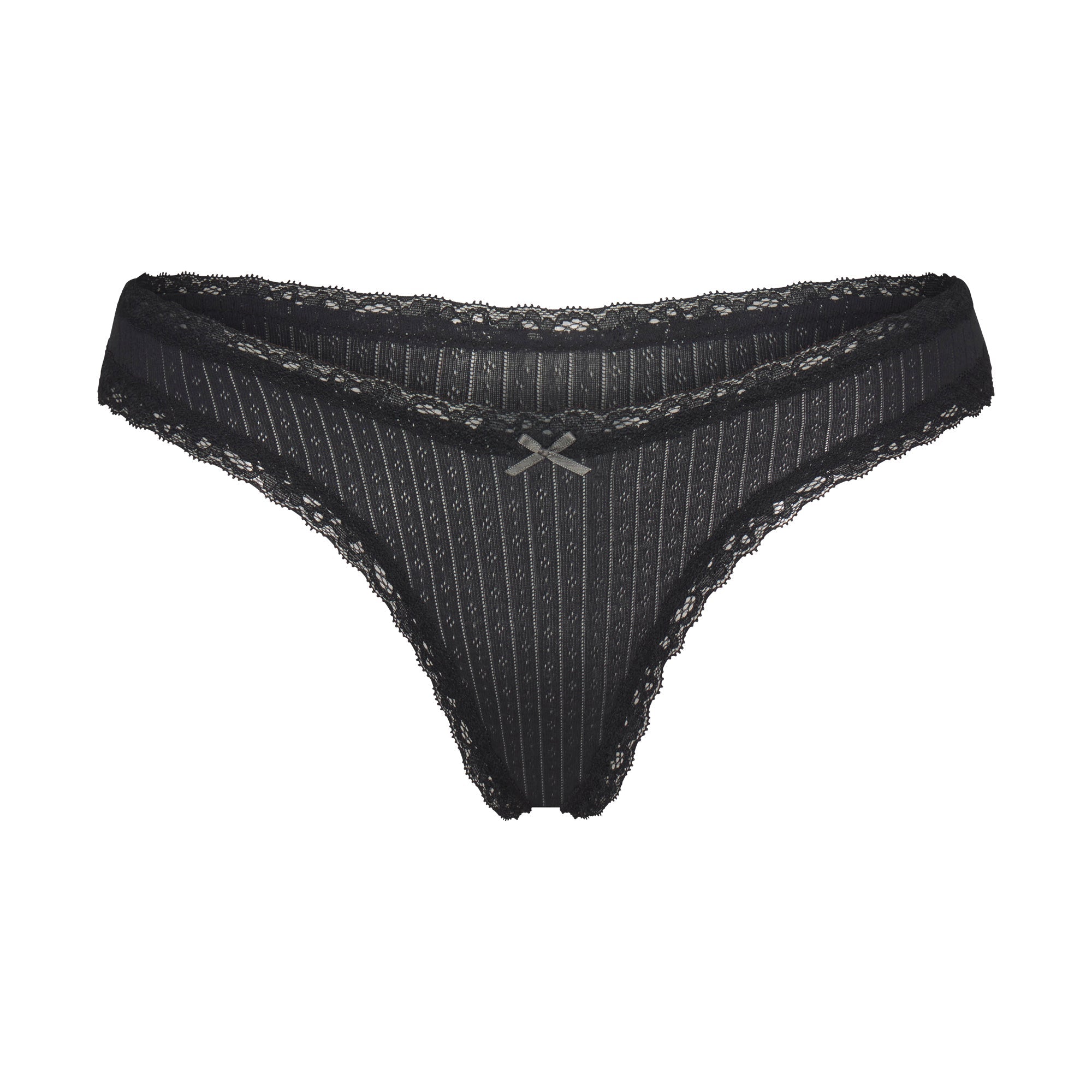 LIGHTWEIGHT COTTON POINTELLE LACE THONG | SOOT TONAL FLAT ON A WHITE BACKGROUND | FLT