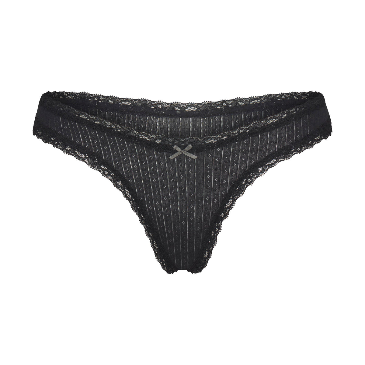 LIGHTWEIGHT COTTON POINTELLE LACE THONG | SOOT TONAL FLAT ON A WHITE BACKGROUND | FLT