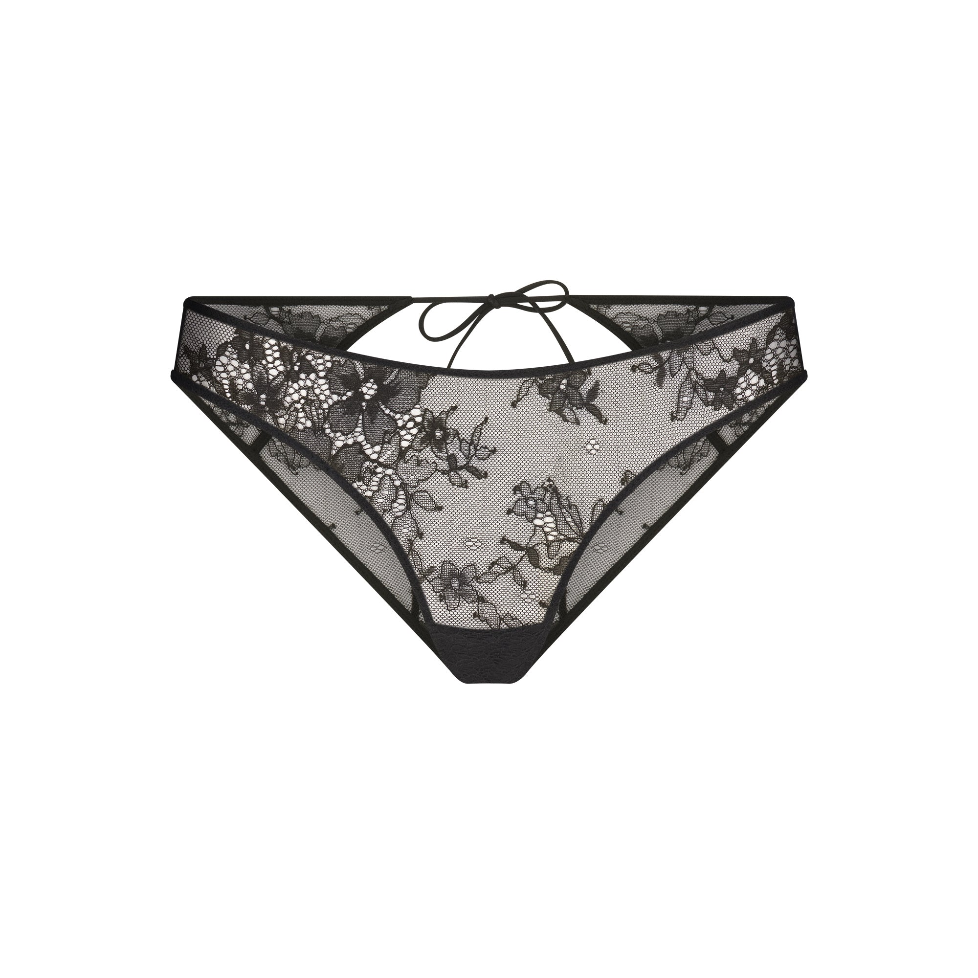 ULTRA FINE LACE PEEK-A-BOO BIKINI | ONYX FLAT ON A WHITE BACKGROUND | FLT