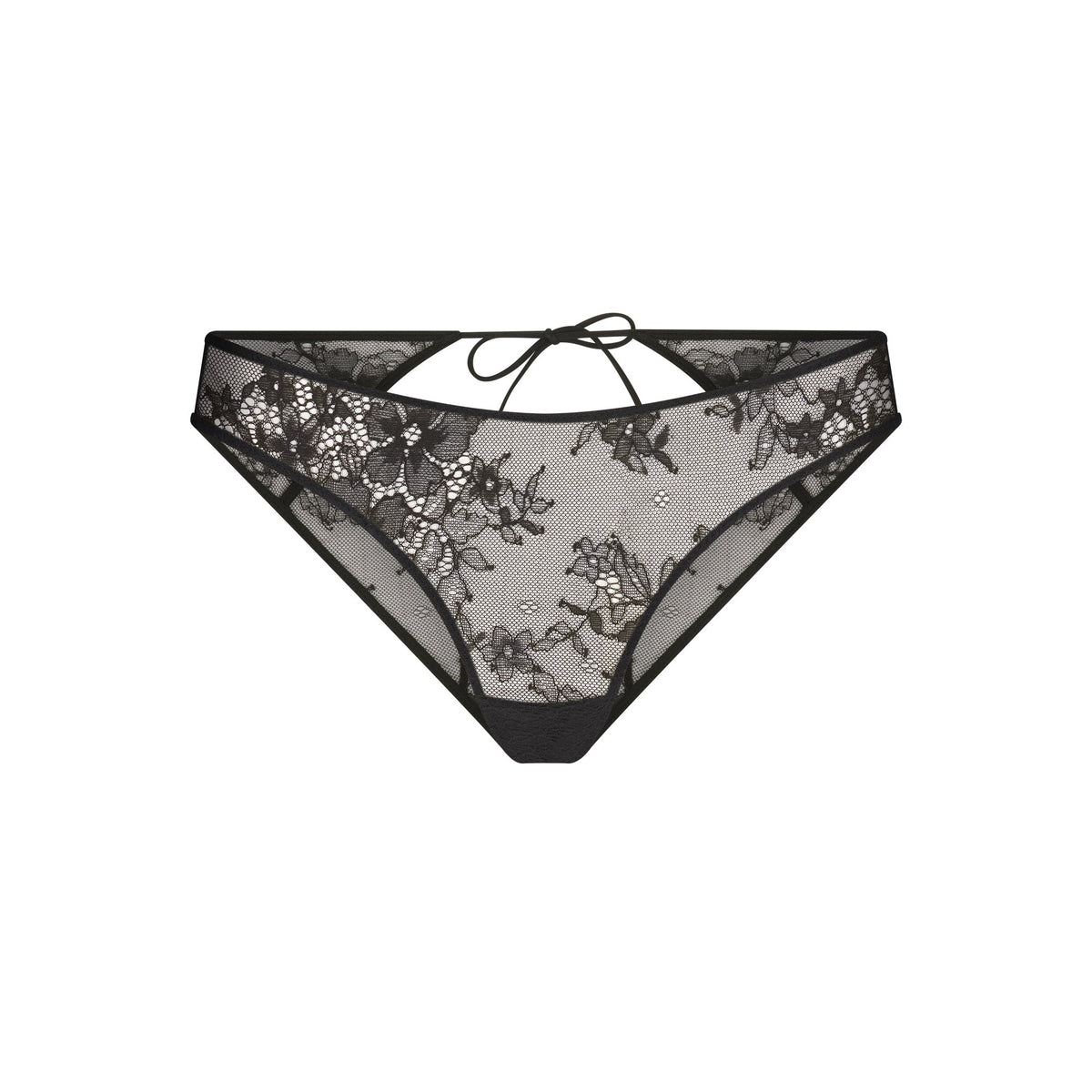 ULTRA FINE LACE PEEK-A-BOO BIKINI | ONYX FLAT ON A WHITE BACKGROUND | FLT