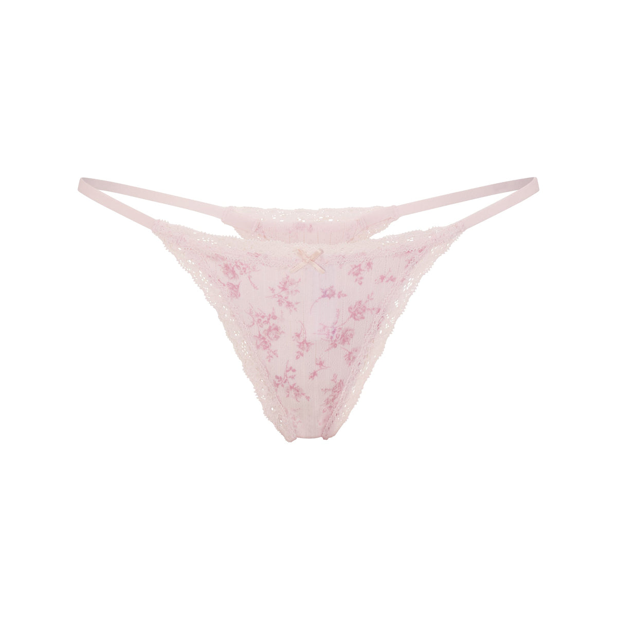 LIGHTWEIGHT COTTON POINTELLE LACE STRING THONG | BLOOM DAINTY FLORAL FLAT ON A WHITE BACKGROUND | FLT
