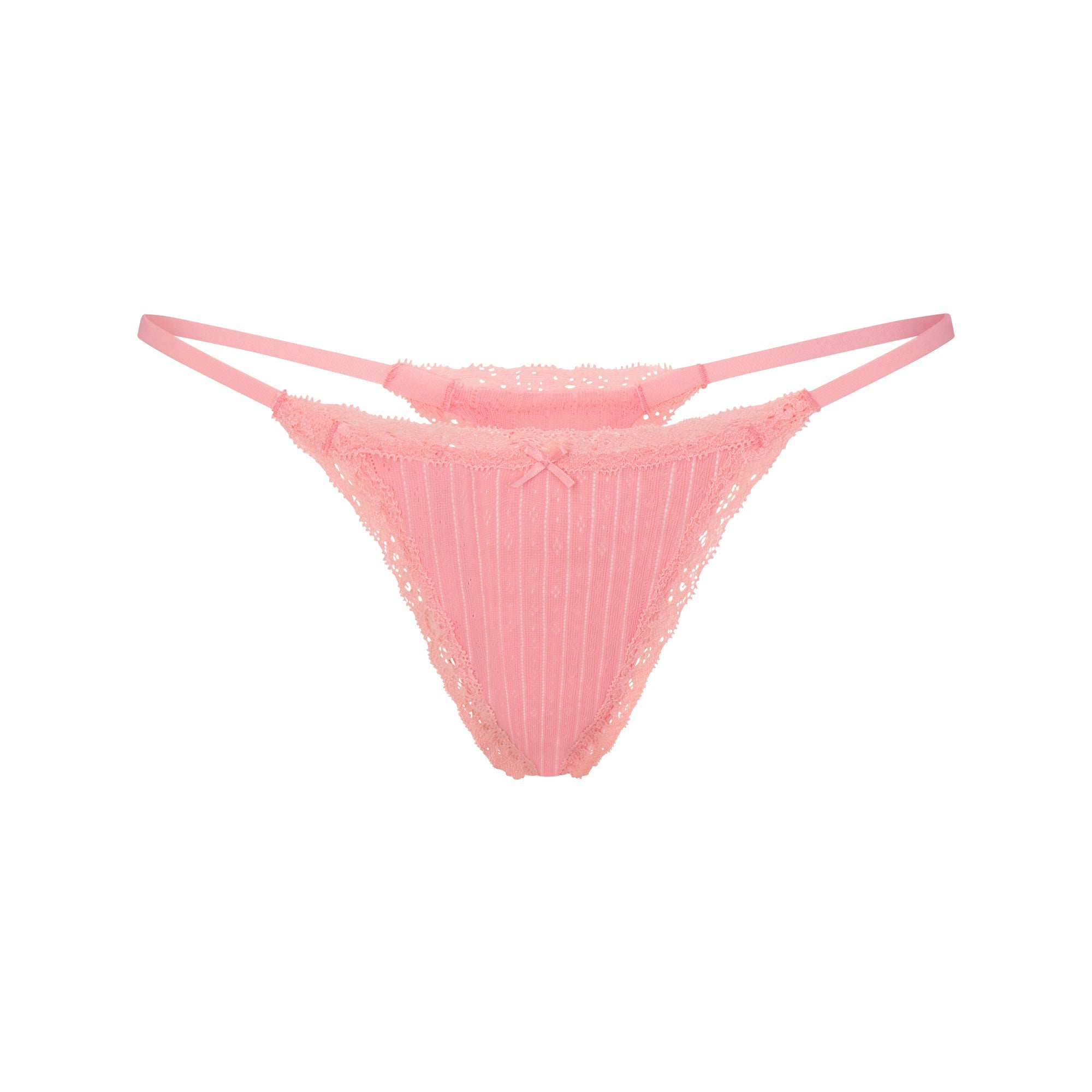 LIGHTWEIGHT COTTON POINTELLE LACE STRING THONG | MELON TONAL FLAT ON A WHITE BACKGROUND | FLT