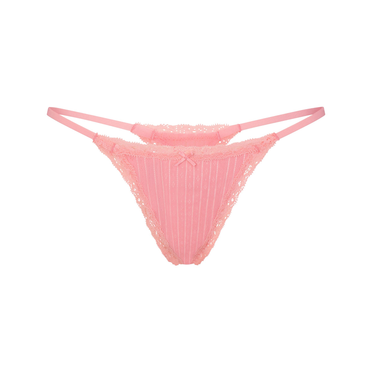 LIGHTWEIGHT COTTON POINTELLE LACE STRING THONG | MELON TONAL FLAT ON A WHITE BACKGROUND | FLT